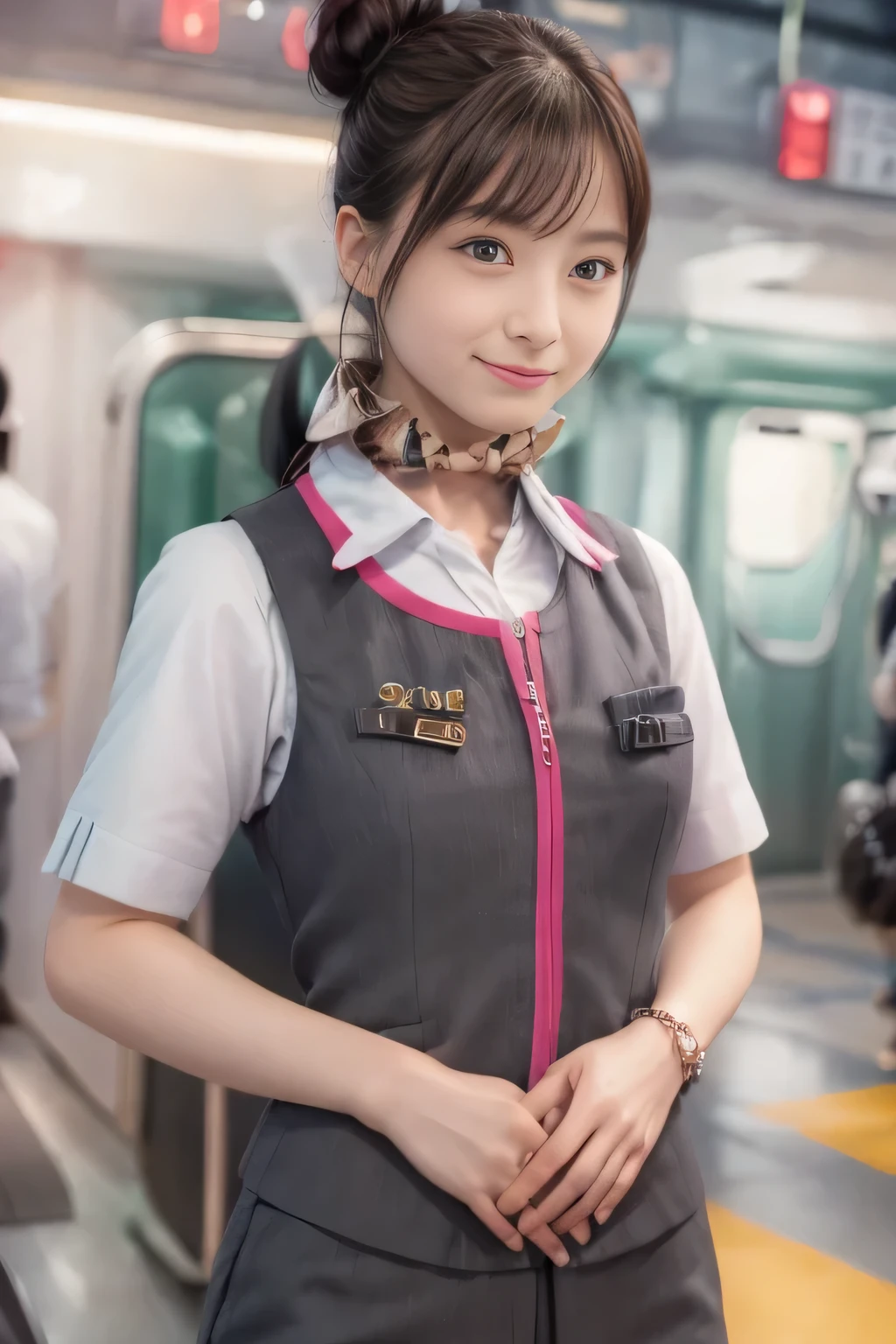 (masterpiece:1.2, highest quality:1.2), 32K HDR, High resolution, (alone、1 girl)、（At the station platform、Professional Lighting）、Background of an empty station platform、（Realistic style of JR Gran Class crew wearing uniform）、Short sleeve blouse、a scarf around the neck、（JR Gran Class flight attendant uniform with pink parts on the skirt sleeves）、（JR Gran Class flight attendant uniform with pink line on front zipper of vest）、Dark brown hair、（Hair tied up、Hair Bun、Hair Bun）、Dark brown hair、Long Shot、Big Breasts、（（Great hands：2.0）），（（Harmonious body proportions：1.5）），（（Normal limbs：2.0）），（（Normal finger：2.0）），（（Delicate eyes：2.0）），（（Normal eyes：2.0））)、Luxury Necklace、smile、Beautiful standing posture,Place your hands around your stomach