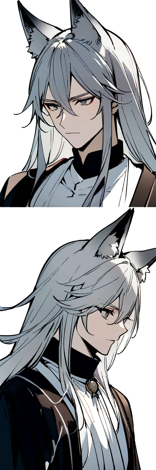 gray hair, gray long hair, ((yellow eyes)), eye patch, (((muscular))), big breasts, happy, (tanned skin), ((black clothes)), sexy, Ghislaine Dedoldia of Mushoku Tensei, fur-trimmed jacket, green pants, open fly, open belt, bikini top only, red choker, cat ears