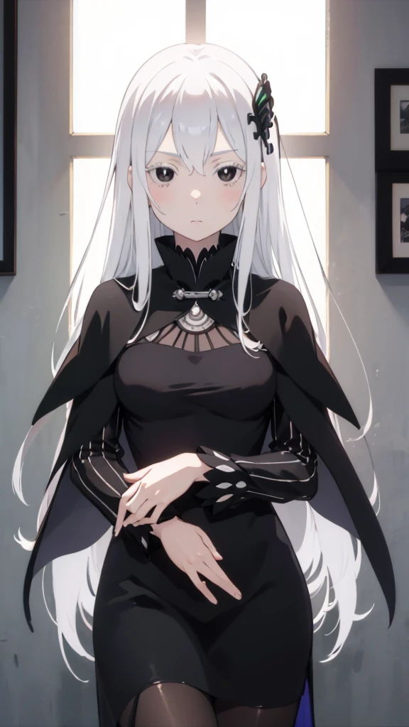 masterpiece, best quality, high resolution, best illustration, super fine illustration, (official art:0.7), (anime screencap:0.8), anime keyvisual, perfect anatomy, 8k portrait, (detail focus fingers:1.2), 
1girl, 
Echidna \(re:zero\),
long hair, 
white hair, 
(black eyes:1.2), 
medium breasts, 
black dress, black cape, long dress, 
looking at viewer, 
cowboy shot, 
natural light, background of indoor, 