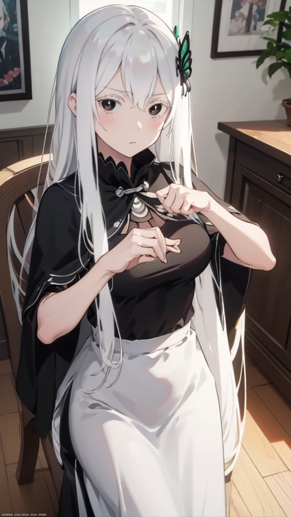 masterpiece, best quality, high resolution, best illustration, super fine illustration, (official art:0.7), (anime screencap:0.8), anime keyvisual, perfect anatomy, 8k portrait, (detail focus fingers:1.2), 
1girl, 
Echidna \(re:zero\),
long hair, 
white hair, 
(black eyes:1.2), 
medium breasts, 
black dress, black cape, long dress, 
looking at viewer, 
cowboy shot, 
natural light, background of indoor, 