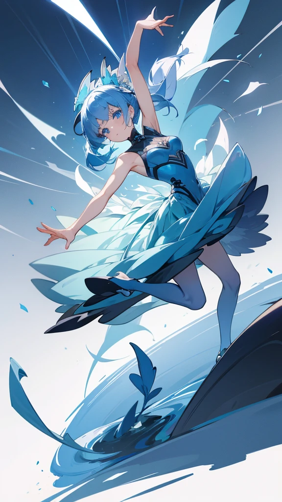 Masterpiece, single girl, character design, blue eyes, inspired by blue daffodils, full body shot, dynamic posing, unique silhouette