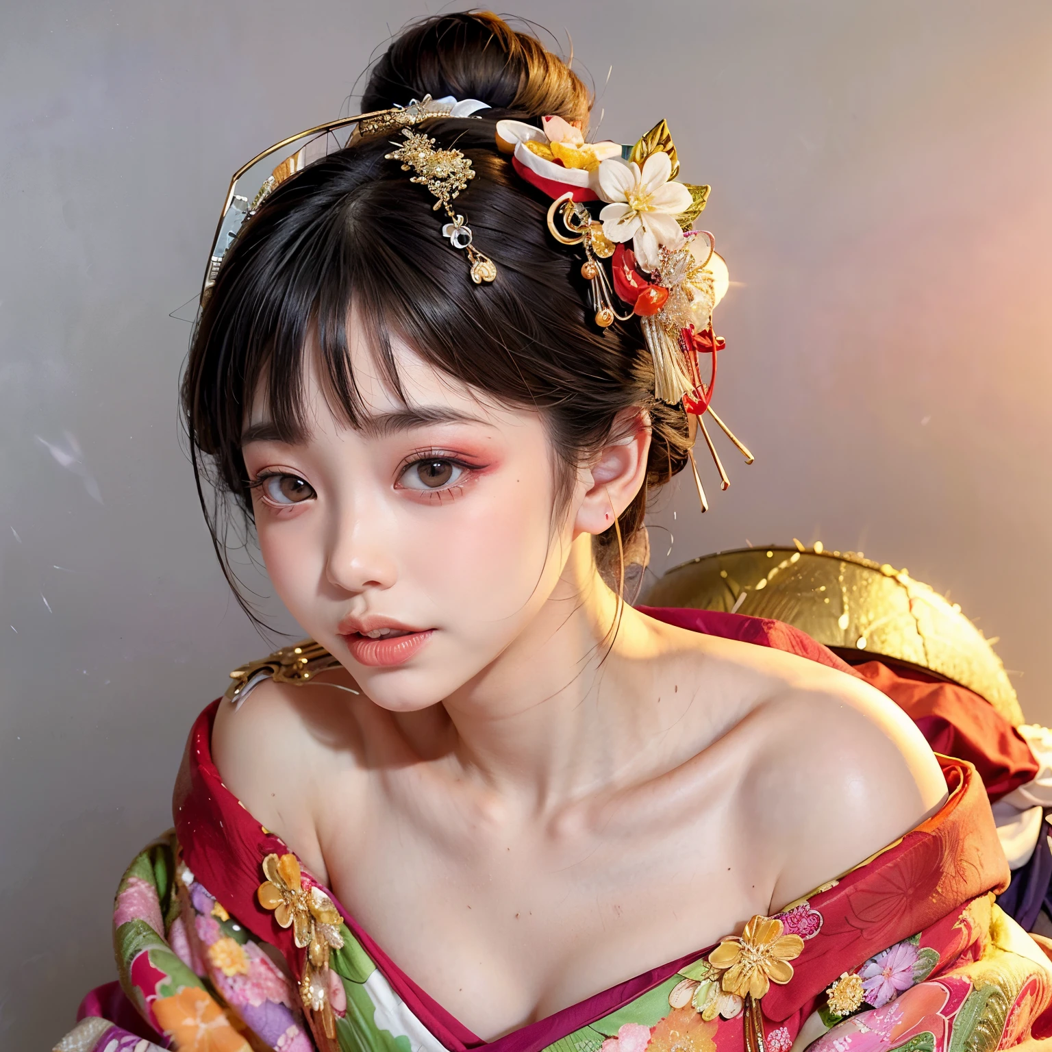 (PUNIPUNI clavicle KIMONO ((offshoulder)) KANZASHI FlowerHairpins Topknot TwinBun Oiran-Hair)High-level, 8K Masterpiece TopQuality, Ultra-detailed CG, Absurd detailed wallpaper, PerfectLighting, Extremely detailed (((Personifying " OIRAN " as a KAWAII Girl))), Characteristic Items, aesthetic LifeLike Rendering, MysticSight, Haze Tyndall Scattering, (Studio GRAY Background with (Oodles Dazzling Iridescent 🌈Particles (BokeH))), (((Assfocus)) RoundlyButt) ThighGap, (Exposed:0.44) 🔞 BREAK (Acutance:0.8), (NOGIZAKA FaceVariations) Extremely Detailed very KAWAII FaceVariations, Childish CaptivatingGaze ElaboratePupils ParfectEyes with (SparklingHighlights:1.28), (Voluminous LongEyelashes:0.88), 💄💋✨ GlossyRedLips with BeautifulDetails, CoquettishTongue, PUNIPUNI RosyCheeks, Radiant PearlSkin with Transparency, Glowing DowneyHair . { (Dynamic LifeLike expressions:1.4) | (:d) }, (large eyes:-1) .