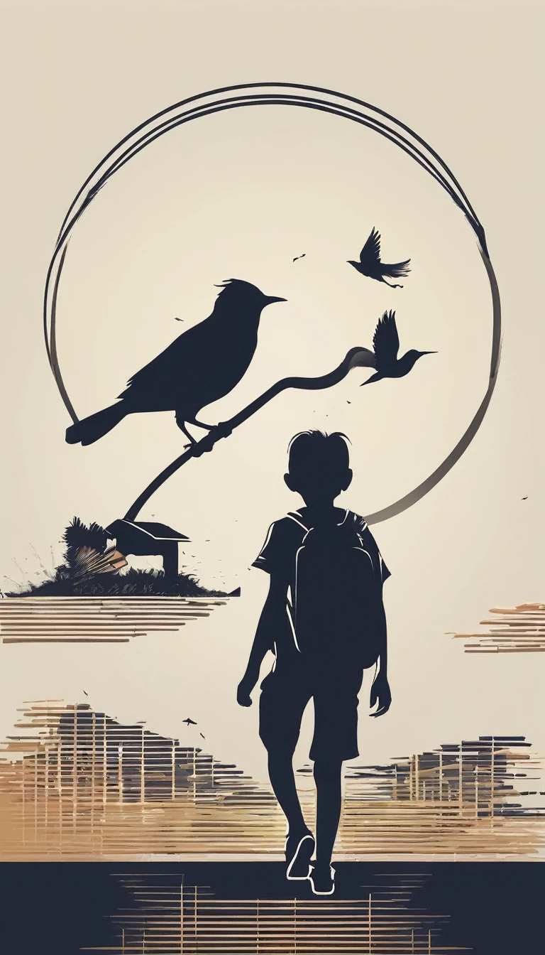 Create a modern, minimalistic logo design for a brand about music and movies called " Penamemoria". The logo must be in minimalistic style and convey a sense of storytelling. The logo is the silhouette of a boy and a bird. The boy is running with open arms, holding an acoustic guitar in the right hand and a bird feather in the left hand. Minimalistic logo design impressed on a book cover