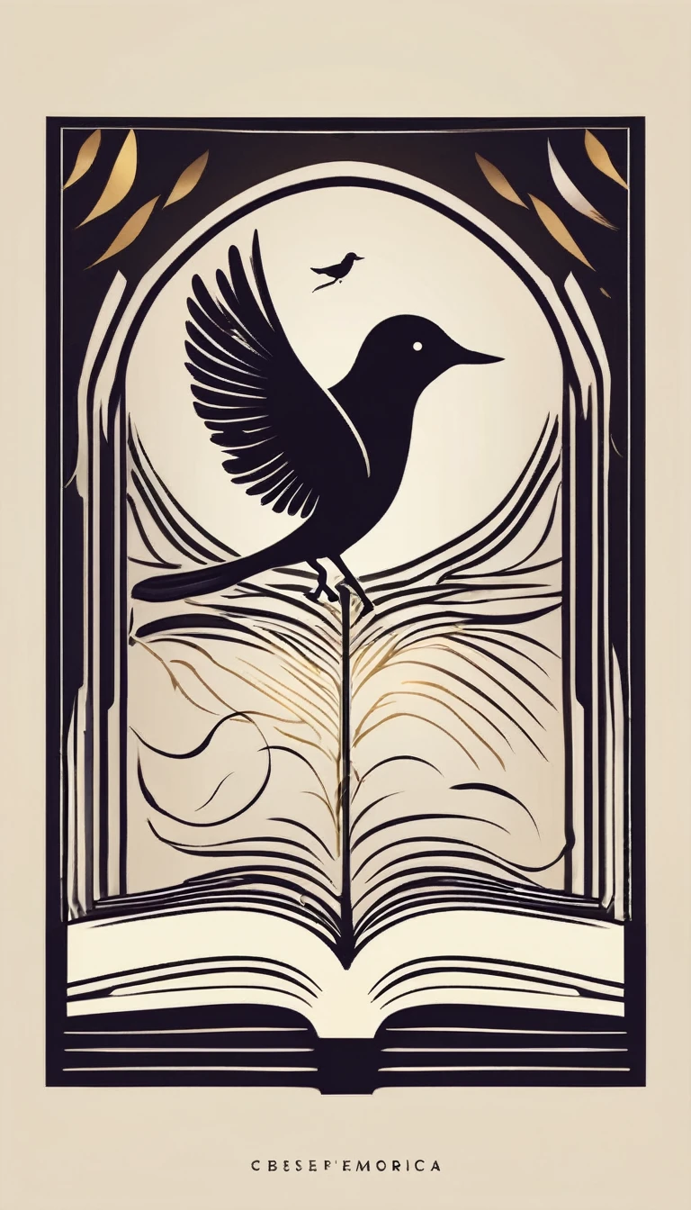 Create a modern, minimalistic logo design for a brand about music and movies called " Penamemoria". The logo must be in minimalistic style and convey a sense of storytelling. The logo is the silhouette of a boy and a bird. The boy is running with open arms, holding an acoustic guitar in the right hand and a bird feather in the left hand. Minimalistic logo design impressed on a book cover