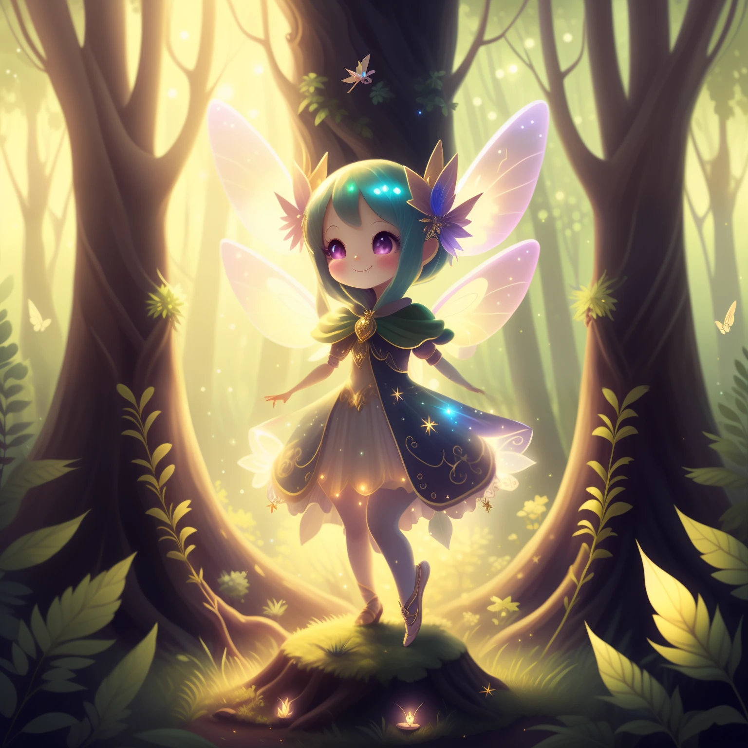 high quality,masterpieceCreate a magical scene in a lush forest at night where Lumina, the fairy leader, is dancing gracefully. Lumina should be depicted with long, flowing hair, delicate wings, and a radiant glow that shines brighter than the stars in the night sky. Her light should illuminate the entire scene as she moves elegantly. Surrounding Lumina, other fairies are also dancing, following her lead with admiration and respect. The forest is filled with vibrant plants and twinkling lights, creating a whimsical and enchanting atmosphere. Ensure Lumina stands out clearly with her extraordinary glow and captivating dance moves.smile,Ballet pose with hands by the side and on tiptoes