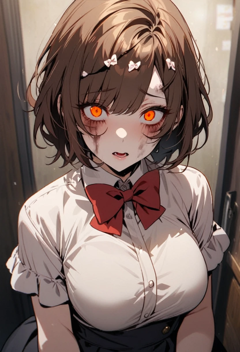 girl, brown hair, orange eyes, red bow on hair, short hair, yandere, beautiful, mature, scary girl