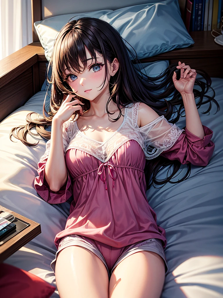 Highest quality,Highest Resolution,1Beautiful girl of the person,Get in bed and use your cell phone,