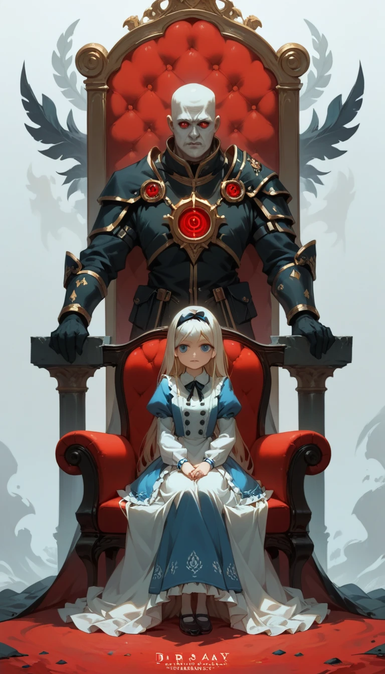 quality\(8K,非常に精細なCGユニットのwallpaper, masterpiece,High resolution,top-quality,top-quality real texture skin,Surreal,Increase the resolution,RAW Photos,最高quality,Very detailed,wallpaper\),BREAK,Alice in Wonderland, One Girl, Alice sitting on a gorgeous throne, Throne of Power, Very dense face, Spade family crest, BREAK、pure whiteの鎧を着てアリスに控える近衛兵, Mirage Knight, Disciplined Imperial Guard,pure whiteの王宮, Red carpet, Gold embroidery, pure white,