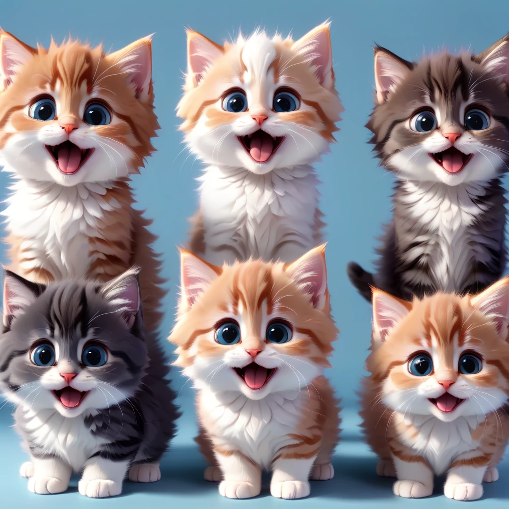 Modison Disney, There are lots of cute fluffy kittens lined up, Adorable, Cute little open mouth, Happy expression, Random hair color, Very detailed, Complex, high quality, High resolution