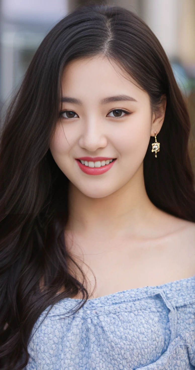 Korean café background, big breasts, (bewitching smile), best quality, masterpiece, illustration, very delicate and beautiful, very detailed, CG, unity, ((8K wallpapers)), fine details, highly detailed CG Unity 8K wallpapers, huge file size, very detailed, high resolution, handsome detail woman, very detailed eyes and face, wonderful detailed eyes, light on face, (best illustration: 1.1), (best shadow: 1.1), ultra high resolution, (realistic: 1.1), (Photo realistic: 1.2:1.1), realistic facial proportions, slim, smile, (makeup:0.4), (fluffy black eyes:1.21), black eyes, looking at the viewer, (dark brown ponytail hair), earrings, necklaces, (irregular irregular skin imperfections, veins, skin wrinkles, pores: 1.2), (daytime background: 1.2)