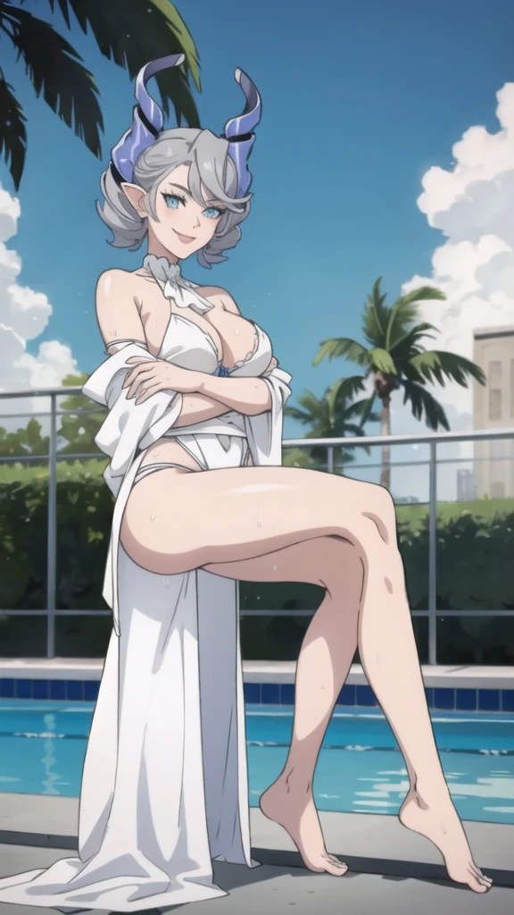 　High level image quality　best image quality　8K　 adult woman    pool party  rain　palm trees  more colors   whole body view　portrait　 bikini   　horn    ears  　short hair（（shortcut）（gray hair）（perm）（fluffy））　eye color is blue ,  , 　attractive evil face , smile   ,  sexy pose   ,  labrynth ,  arms crossed , barearm    , wearing white silk robe    , standing on person by the pool , crossed legs  , all wet , wet hair , view foot arc