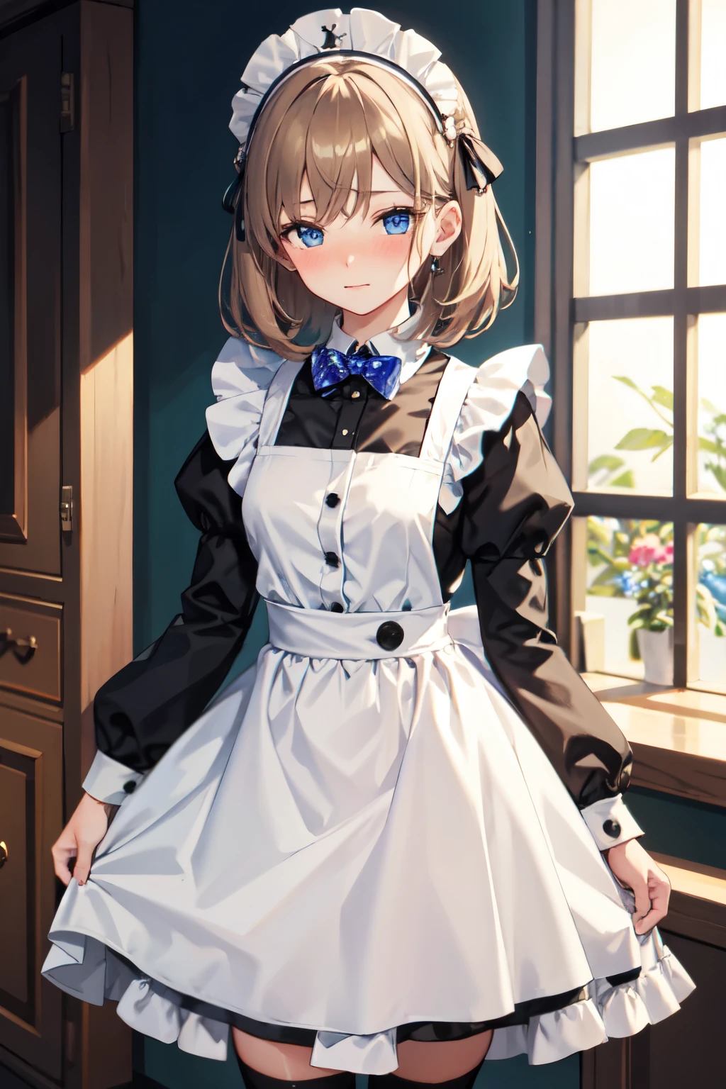 masterpiece, best quality,1girl, solo,whtie hair,medium hair,blue eyes,long sleeves,juliet sleeves,apron,maid,maid headdress,puffy sleeves,green dress,vest,buttons, white thighhighs,standing, looking at viewer, nose blush,