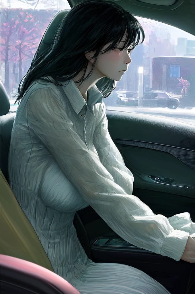Beautiful woman in the car、Woman looking out the window、Sad look、It's raining outside the car、Water drops on the window、