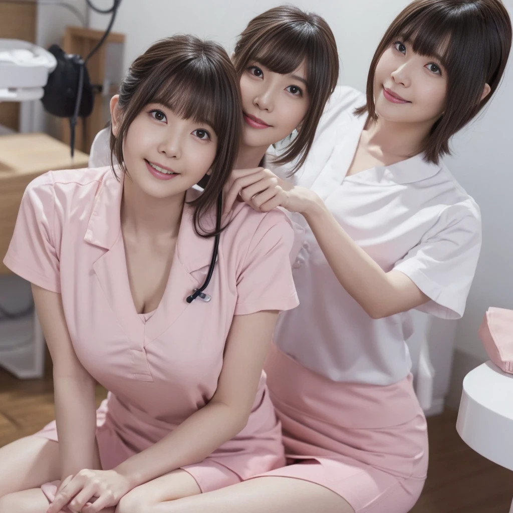 （Nurse Uniform、Light pink nurse uniform、Micro Mini Skirt、Nurse cap、White panties、Ass、Black Hair、Big Ass、Health Room、Peeking into this、Cleavage）、Extremely sexy、smile、Professional Lighting、Small waist、Beautiful adult woman、Captivating thighs、Very large breasts、Stethoscope、Sitting