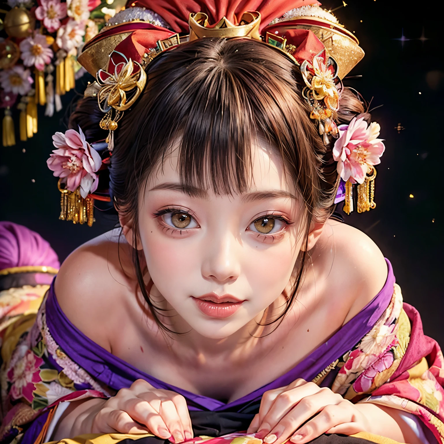 (PUNIPUNI clavicle KIMONO ((offshoulder)) KANZASHI FlowerHairpins Topknot TwinBun Oiran-Hair)High-level, 8K Masterpiece TopQuality, Ultra-detailed CG, Absurd detailed wallpaper, PerfectLighting, Extremely detailed (((Personifying " OIRAN " as a KAWAII Girl))), Characteristic Items, aesthetic LifeLike Rendering, MysticSight, Haze Tyndall Scattering, (Studio Dark Background with (Oodles Dazzling Iridescent 🌈Particles (BokeH))), (((Assfocus)) RoundlyButt) ThighGap, (Exposed:0.44) 🔞 BREAK (Acutance:0.8), (NOGIZAKA FaceVariations) Extremely Detailed very KAWAII FaceVariations, Childish CaptivatingGaze ElaboratePupils ParfectEyes with (SparklingHighlights:1.28), (Voluminous LongEyelashes:0.88), 💄💋✨ GlossyRedLips with BeautifulDetails, CoquettishTongue, PUNIPUNI RosyCheeks, Radiant PearlSkin with Transparency, Glowing DowneyHair . { (Dynamic LifeLike expressions:1.4) | (:d) }, (large eyes:-1) .