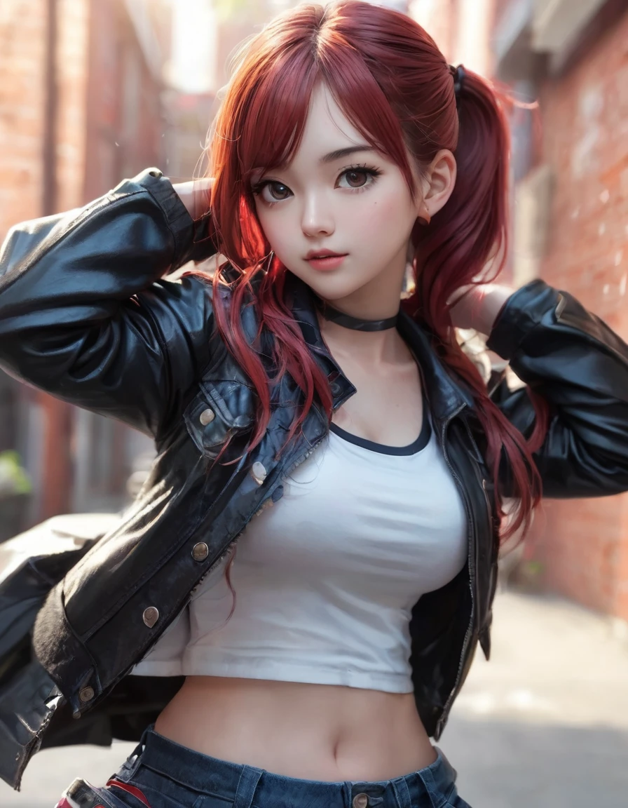 BREAK Perfect Anatomy、Highest quality、(cute:1.1)、(cute)、(High resolution:1.2)、Unbelievably absurd:1.3、Incredible illustrations、(cuteイラスト:1.2)、,(Beautiful background、Late Night、Red Brick Warehouse District)、1gial(Red hair、strong wavy hair、ponytail) height 1.6meters, chubby35kg
,(Red Tank Top、Black leather jacket、Short denim、Thigh-high stockings)Large knife in hand、Against the wall、Glaring at me