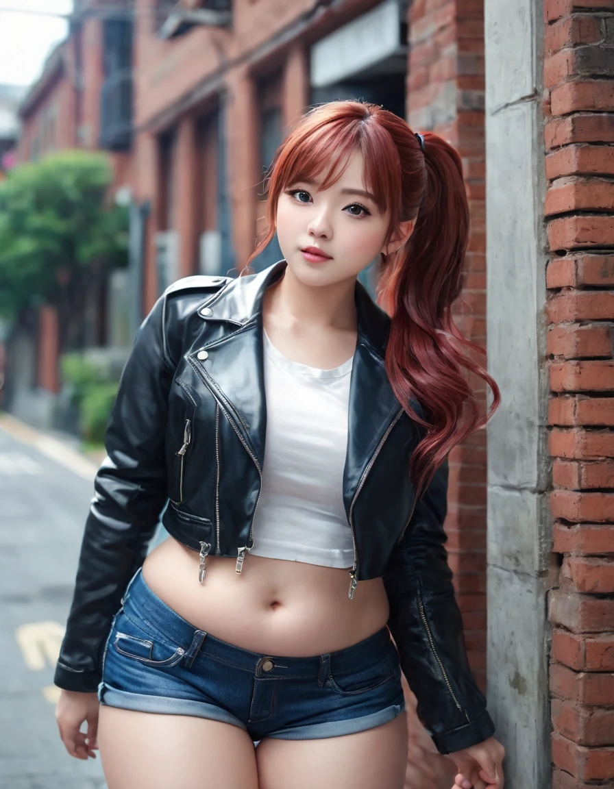BREAK Perfect Anatomy、Highest quality、(cute:1.1)、(cute)、(High resolution:1.2)、Unbelievably absurd:1.3、Incredible illustrations、(cuteイラスト:1.2)、,(Beautiful background、Late Night、Red Brick Warehouse District)、1gial(Red hair、strong wavy hair、ponytail) height 1.6meters, chubby35kg
,(Red Tank Top、Black leather jacket、Short denim、Thigh-high stockings)Large knife in hand、Against the wall、Glaring at me