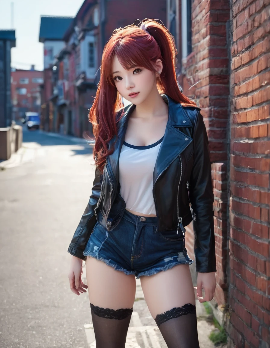 BREAK Perfect Anatomy、Highest quality、(cute:1.1)、(cute)、(High resolution:1.2)、Unbelievably absurd:1.3、Incredible illustrations、(cuteイラスト:1.2)、,(Beautiful background、Late Night、Red Brick Warehouse District)、1gial(Red hair、strong wavy hair、ponytail) height 1.6meters, chubby35kg
,(Red Tank Top、Black leather jacket、Short denim、Thigh-high stockings)Large knife in hand、Against the wall、Glaring at me