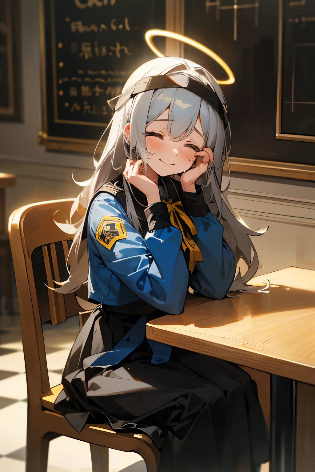 A girl, with long gray hair, closing her eyes, tears (but not crying), smilling, wearing uniform school, yellow halo, wearing a blue jacket, a long black checkered skirt, with a ribbon on her head, pose is holding coffee (sit on the chair), with a cafe background, anime girl, with HD picture, good art AI. 