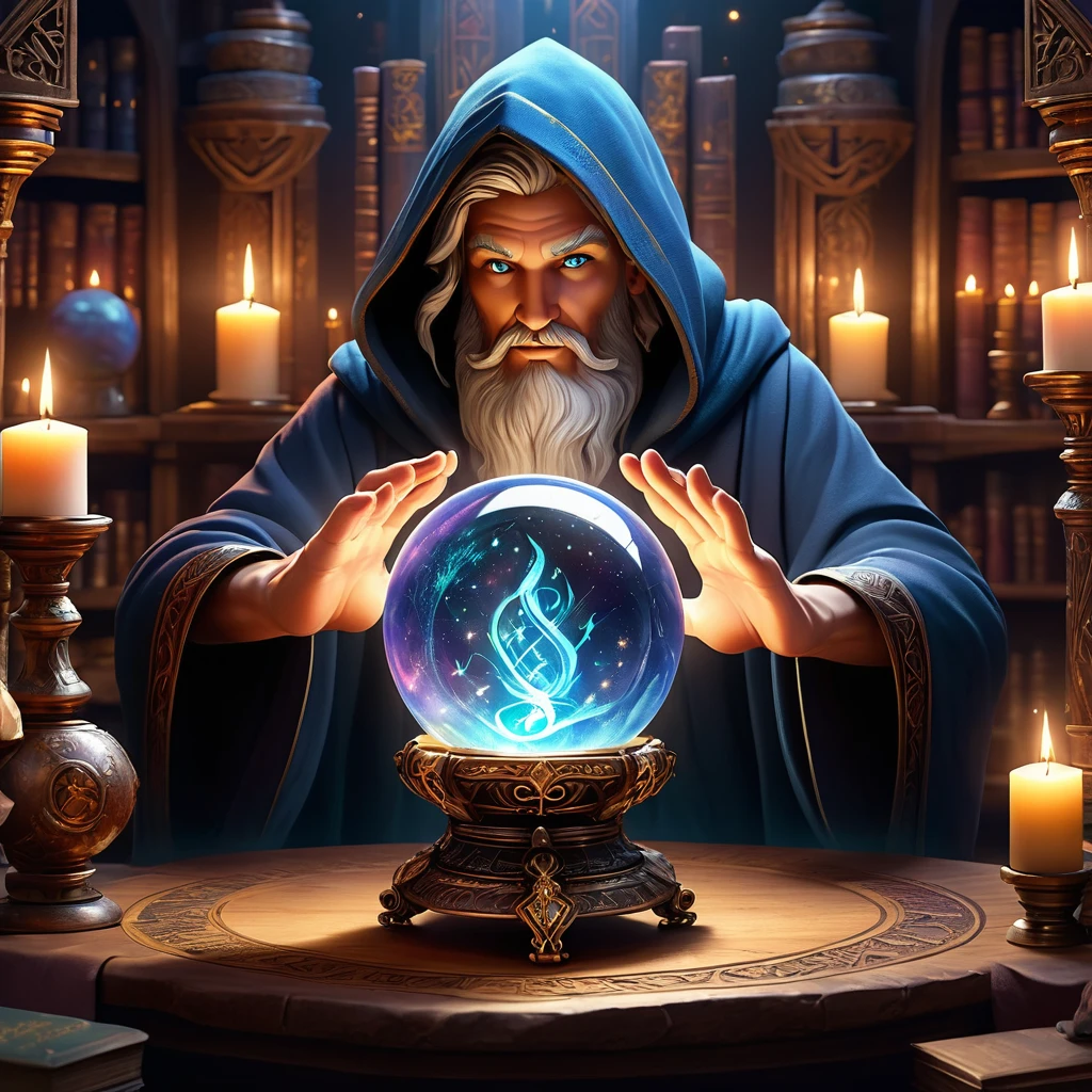 (background: ancient mystical chamber:1.2), (central focus: large, glowing crystal ball on ornate rune-covered stand:1.3), (character: wizard in shimmering robe with glowing patterns and hood:1.5), (pose: wizard with hands on crystal ball, eyes hidden, radiating magical power:1.6), (Accessories: floating candles, enchanted talismans, magical symbols in the air:1.2), (ambient details: soft ethereal light, dancing shadows, echoes of incantations:1.2), (environmental magic: swirling mists in crystal ball showing distant realms and visions:1.5), (additional elements: shelves with ancient tomes and artifacts, open spellbook with turning pages, glowing runes:1.3), (mystical atmosphere: sparks of magical energy, gentle hum of power, scent of rare herbs and incense:1.5), best quality, masterpiece, detailed soft oil painting, detailed background, dramatic cinematic lighting, soft edge lighting, professional, dramatic lighting, hard edge lighting, ultra quality, 4k, masterpiece, best quality, 8k, ultra high definition, high resolution, extremely detailed