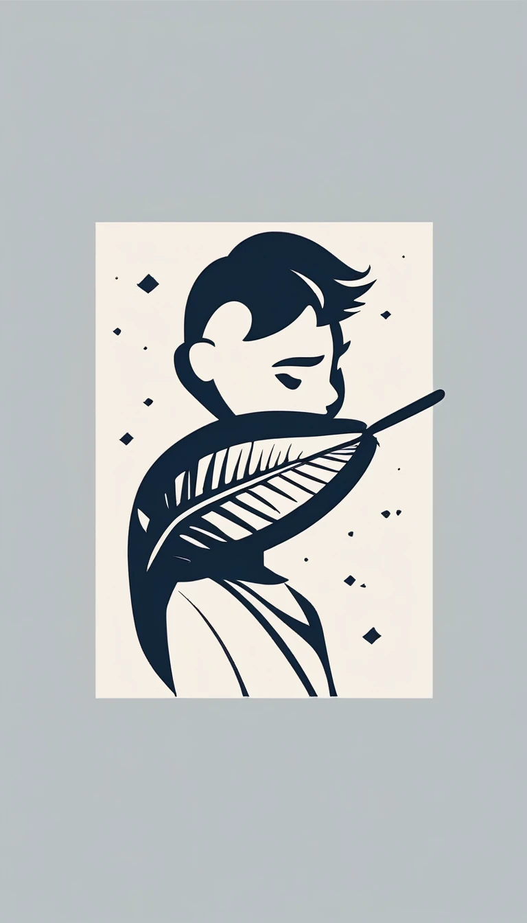 Create a minimalistic, modern, simple logo design of a boy playing with a feather. The logo must symbolize storytelling and memories.