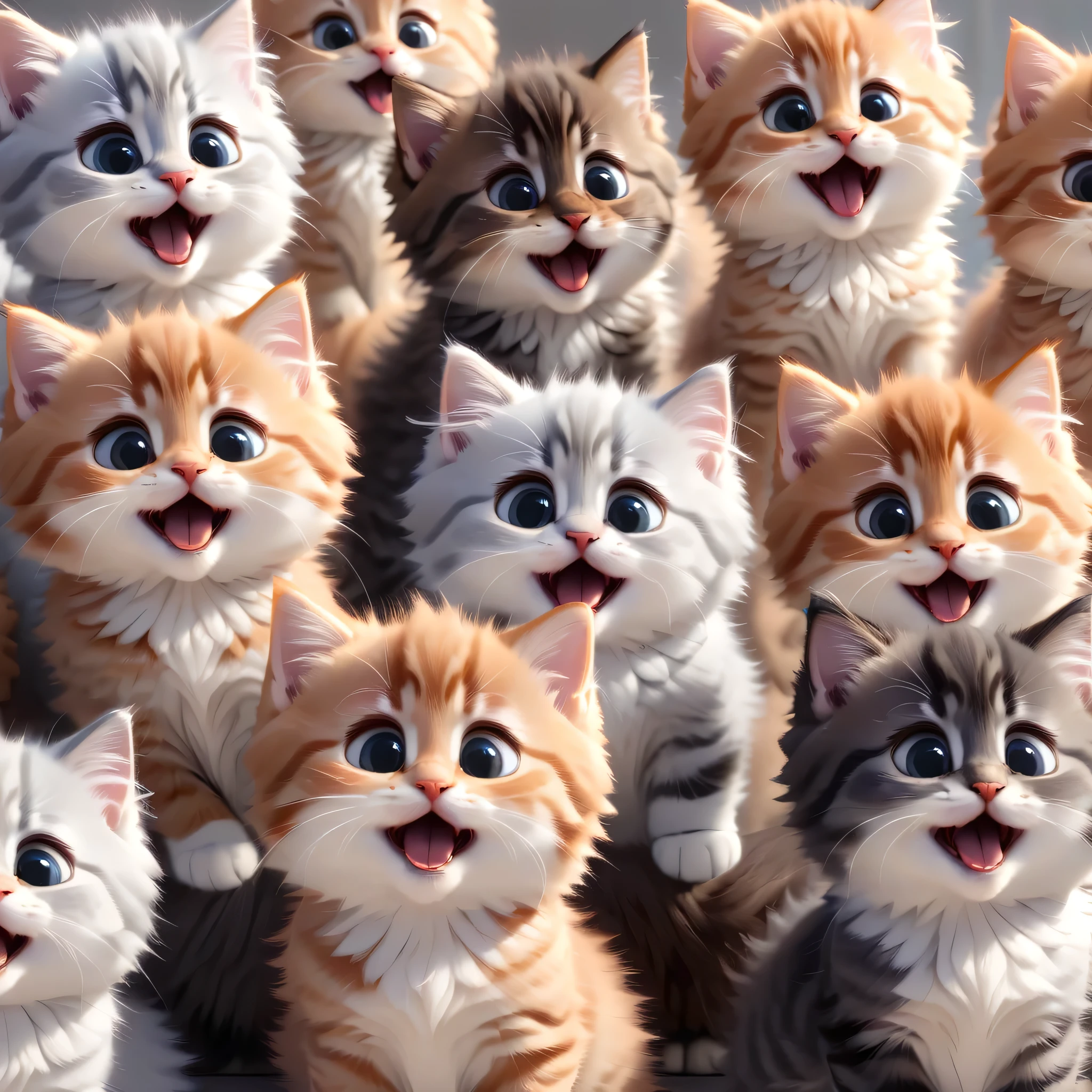 Modison Disney, There are lots of cute fluffy kittens lined up, Adorable, Cute little open mouth, Happy expression, Random hair color, Very detailed, Complex, high quality, High resolution