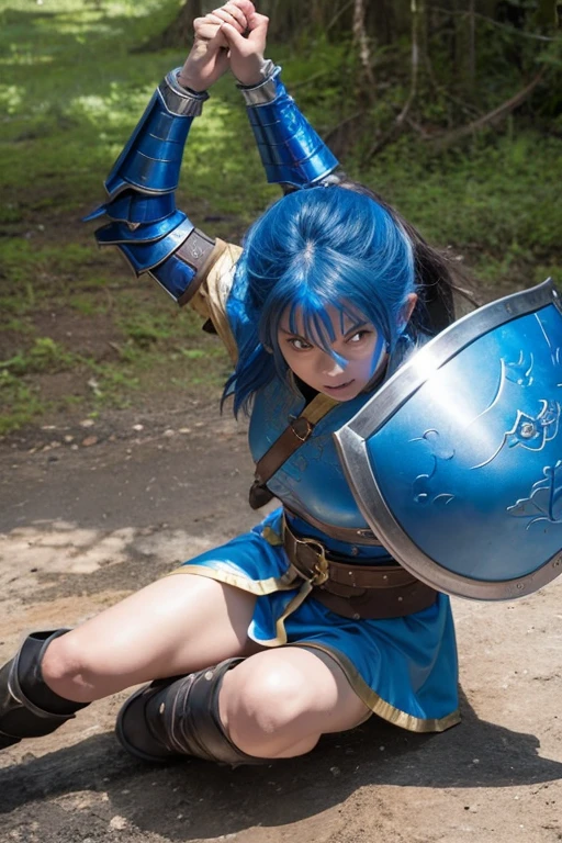 Dragon Quest、Female braves、The blue armor was destroyed、Injured、Not free、Remaining HP: 1、Shield is destroyed、Coming under attack、触手Coming under attack、Slashed with a sword、Hands tied、Being restrained、Anguished expression、I can'I can't protect my friends、I'will be defeated、Can't avoid attacks、鞭Coming under attack、Crucified、to be engulfed in flames