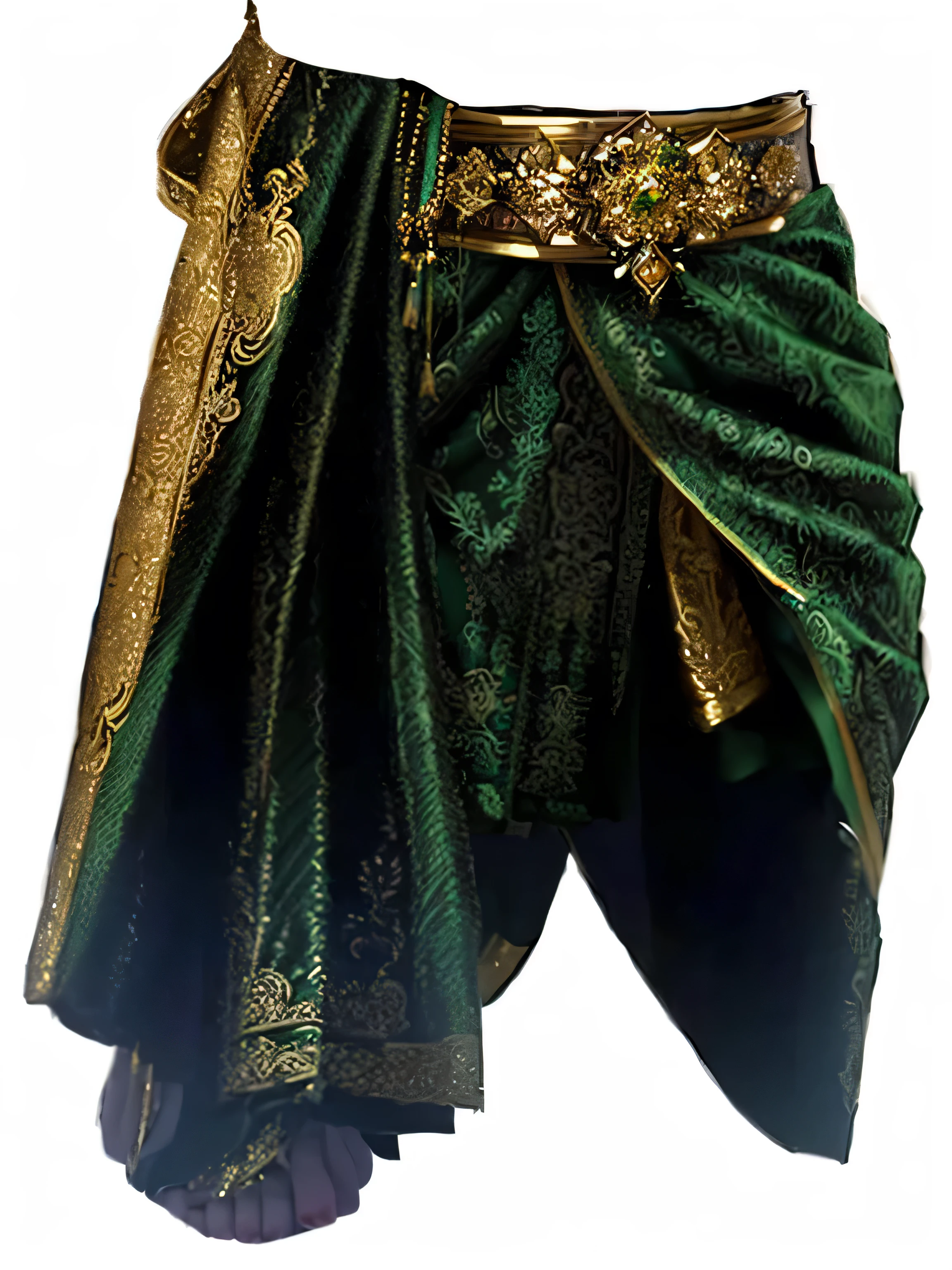there is a green and gold skirt with a gold belt, sukhothai costume, ornate dark green clothing, wearing elaborate green and gold, tai costume, green cloak, green robes, waist - shot, dark green cloak, wearing dark green robes, photogenic details on armor, wearing green cloak, monk clothes, traditional tai costume, very detailed and rich clothing, scaled robes