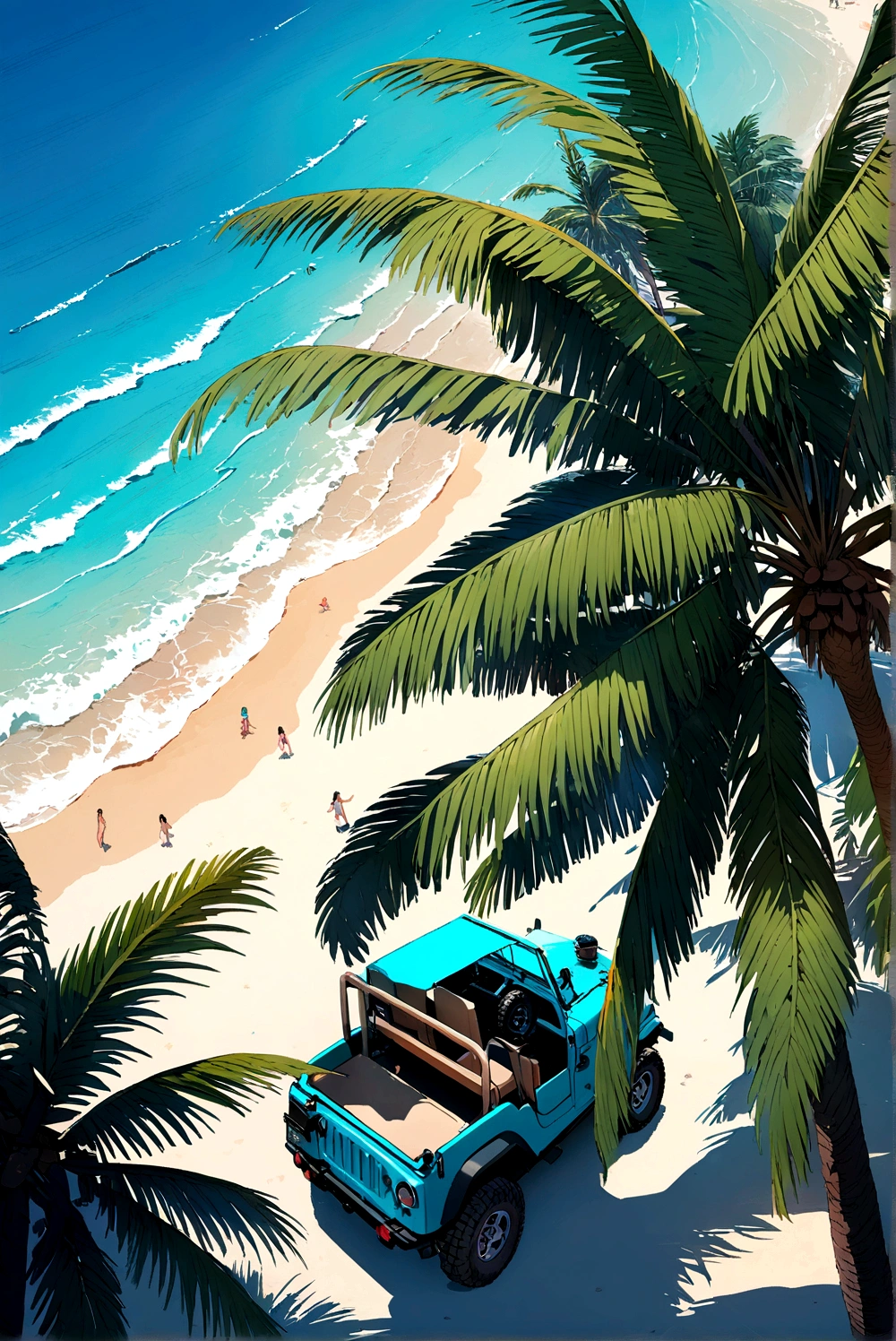 Above the upper half of the picture is a large expanse of blue sky, jeep, Palm tree,5 colors, Beach