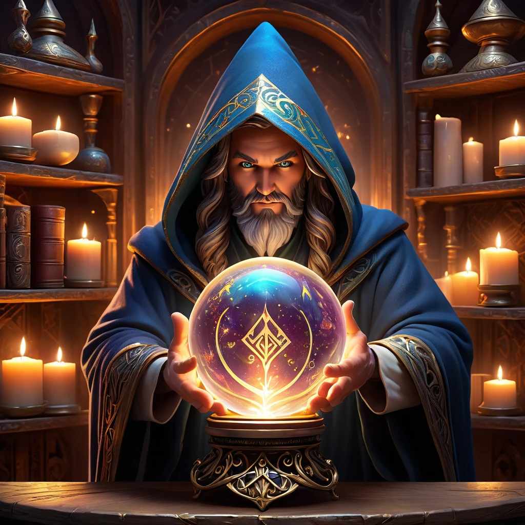 (background: ancient mystical chamber:1.2), (central focus: large, glowing crystal ball on ornate rune-covered stand:1.3), (character: wizard in shimmering robe with glowing patterns and hood:1.5), (pose: wizard with hands on crystal ball, eyes hidden, radiating magical power:1.6), (Accessories: floating candles, enchanted talismans, magical symbols in the air:1.2), (ambient details: soft ethereal light, dancing shadows, echoes of incantations:1.2), (environmental magic: swirling mists in crystal ball showing distant realms and visions:1.5), (additional elements: shelves with ancient tomes and artifacts, open spellbook with turning pages, glowing runes:1.3), (mystical atmosphere: sparks of magical energy, gentle hum of power, scent of rare herbs and incense:1.5), best quality, masterpiece, detailed soft oil painting, detailed background, dramatic cinematic lighting, soft edge lighting, professional, dramatic lighting, hard edge lighting, ultra quality, 4k, masterpiece, best quality, 8k, ultra high definition, high resolution, extremely detailed