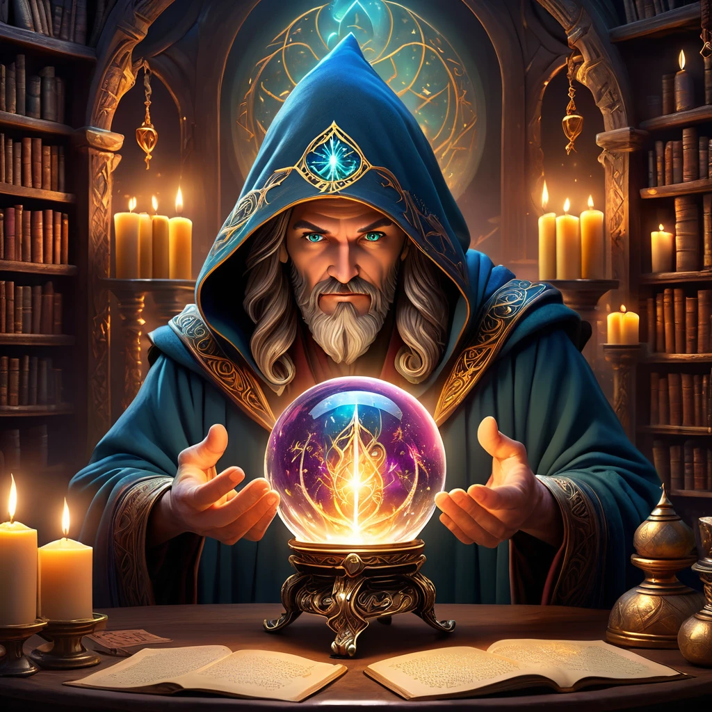 (background: ancient mystical chamber:1.2), (central focus: large, glowing crystal ball on ornate rune-covered stand:1.3), (character: wizard in shimmering robe with glowing patterns and hood:1.5), (pose: wizard with hands on crystal ball, eyes hidden, radiating magical power:1.6), (Accessories: floating candles, enchanted talismans, magical symbols in the air:1.2), (ambient details: soft ethereal light, dancing shadows, echoes of incantations:1.2), (environmental magic: swirling mists in crystal ball showing distant realms and visions:1.5), (additional elements: shelves with ancient tomes and artifacts, open spellbook with turning pages, glowing runes:1.3), (mystical atmosphere: sparks of magical energy, gentle hum of power, scent of rare herbs and incense:1.5), best quality, masterpiece, detailed soft oil painting, detailed background, dramatic cinematic lighting, soft edge lighting, professional, dramatic lighting, hard edge lighting, ultra quality, 4k, masterpiece, best quality, 8k, ultra high definition, high resolution, extremely detailed