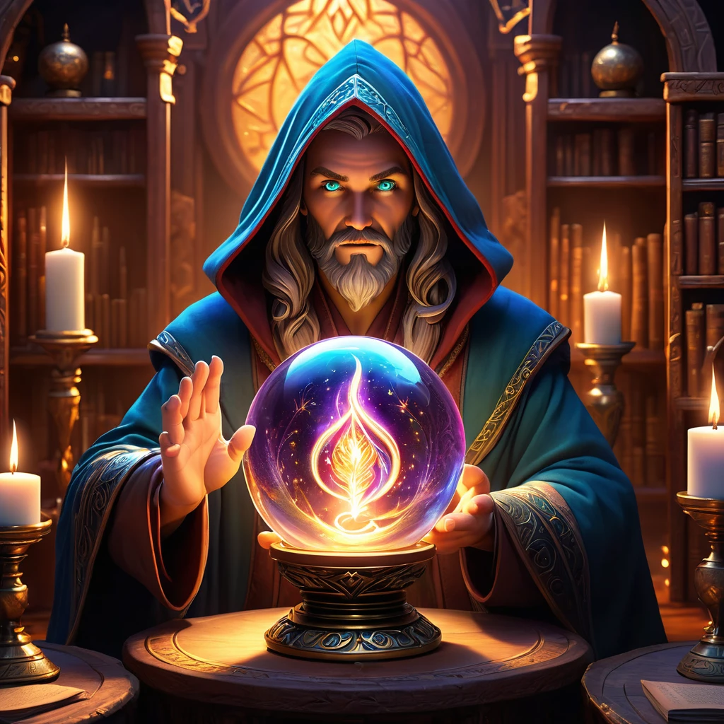(background: ancient mystical chamber:1.2), (central focus: large, glowing crystal ball on ornate rune-covered stand:1.3), (character: wizard in shimmering robe with glowing patterns and hood:1.5), (pose: wizard with hands on crystal ball, eyes hidden, radiating magical power:1.6), (Accessories: floating candles, enchanted talismans, magical symbols in the air:1.2), (ambient details: soft ethereal light, dancing shadows, echoes of incantations:1.2), (environmental magic: swirling mists in crystal ball showing distant realms and visions:1.5), (additional elements: shelves with ancient tomes and artifacts, open spellbook with turning pages, glowing runes:1.3), (mystical atmosphere: sparks of magical energy, gentle hum of power, scent of rare herbs and incense:1.5), best quality, masterpiece, detailed soft oil painting, detailed background, dramatic cinematic lighting, soft edge lighting, professional, dramatic lighting, hard edge lighting, ultra quality, 4k, masterpiece, best quality, 8k, ultra high definition, high resolution, extremely detailed