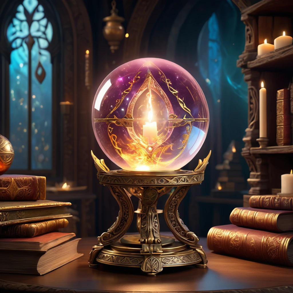 (background: ancient mystical chamber:1.2), (central focus: large, glowing crystal ball on ornate rune-covered stand:1.3), (character: wizard in shimmering robe with glowing patterns and hood:1.5), (pose: wizard with hands on crystal ball, eyes hidden, radiating magical power:1.6), (Accessories: floating candles, enchanted talismans, magical symbols in the air:1.2), (ambient details: soft ethereal light, dancing shadows, echoes of incantations:1.2), (environmental magic: swirling mists in crystal ball showing distant realms and visions:1.5), (additional elements: shelves with ancient tomes and artifacts, open spellbook with turning pages, glowing runes:1.3), (mystical atmosphere: sparks of magical energy, gentle hum of power, scent of rare herbs and incense:1.5), best quality, masterpiece, detailed soft oil painting, detailed background, dramatic cinematic lighting, soft edge lighting, professional, dramatic lighting, hard edge lighting, ultra quality, 4k, masterpiece, best quality, 8k, ultra high definition, high resolution, extremely detailed