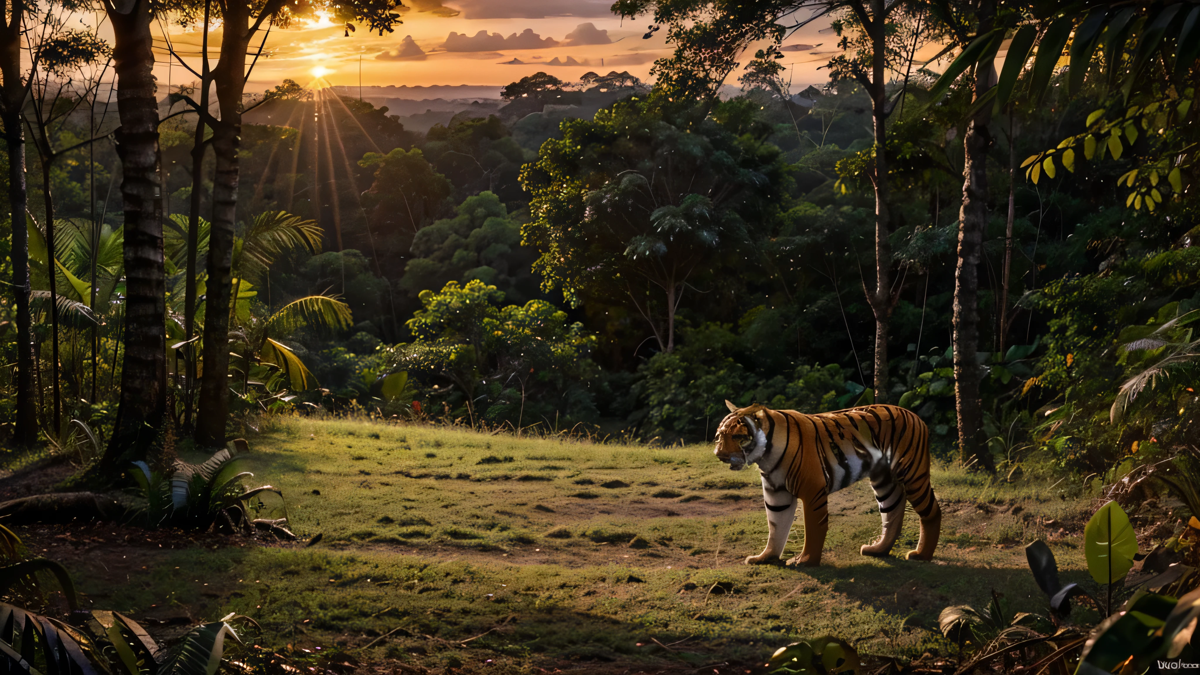 Ultra realistic, sunset, wide view, in a rainforest, a tiger, sunset rays passing through the gaps between the trees, real picture, photo realistic, very detailed picture,