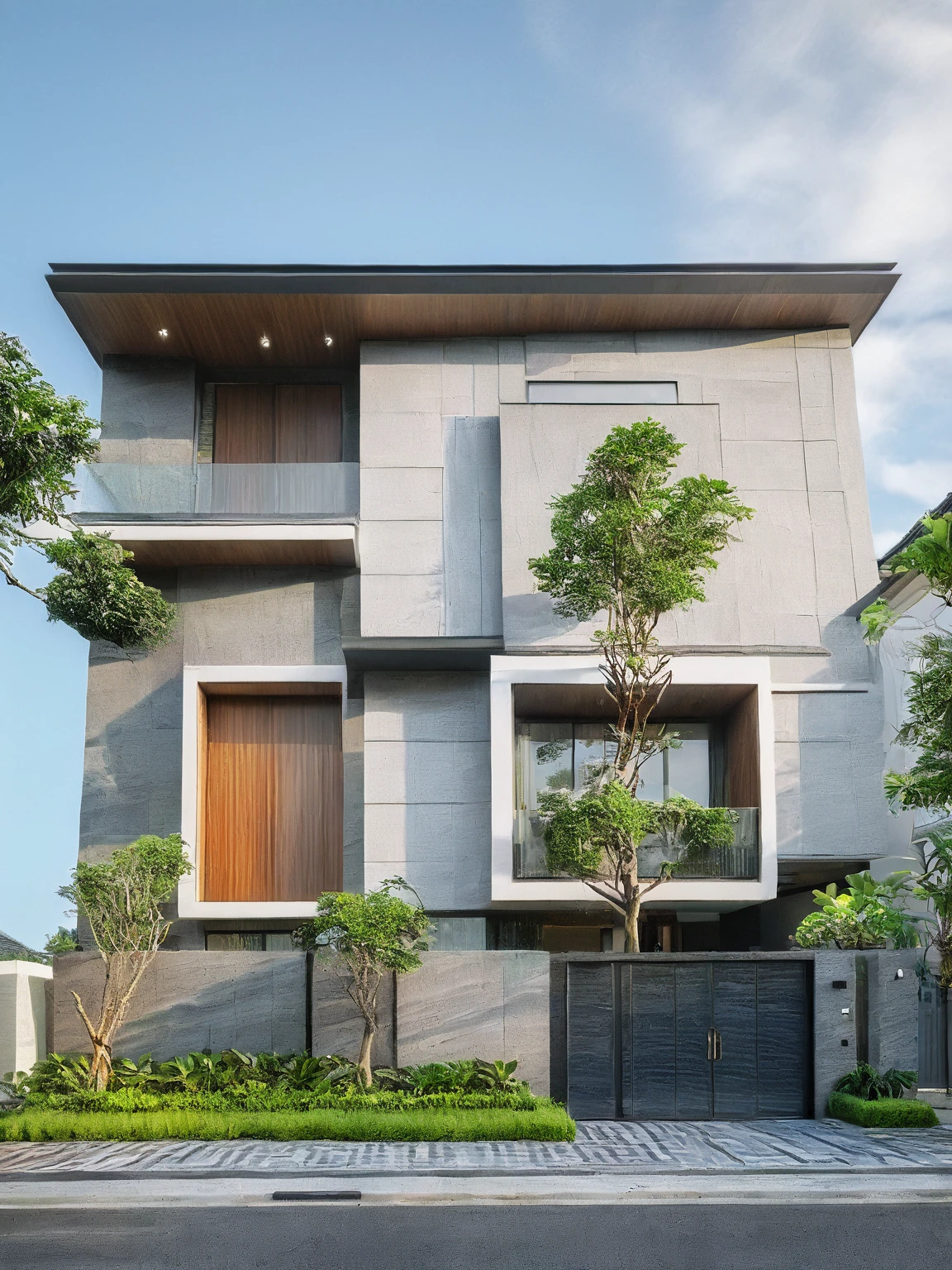 modern villa on street, (daylight), tropical tree, vivid color, streetcapes, nice sky, grey tone, large glass door, warm interior lighting, modern material, best quality, ultra realistic, masterpiece, 17ArchiAI_XL_VL-v1
