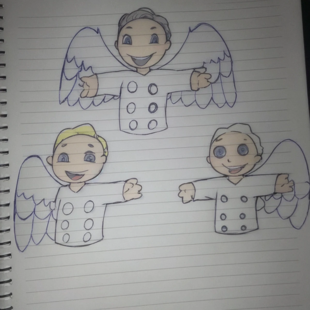 Three angels with disabilities and one with white shirts with circles 