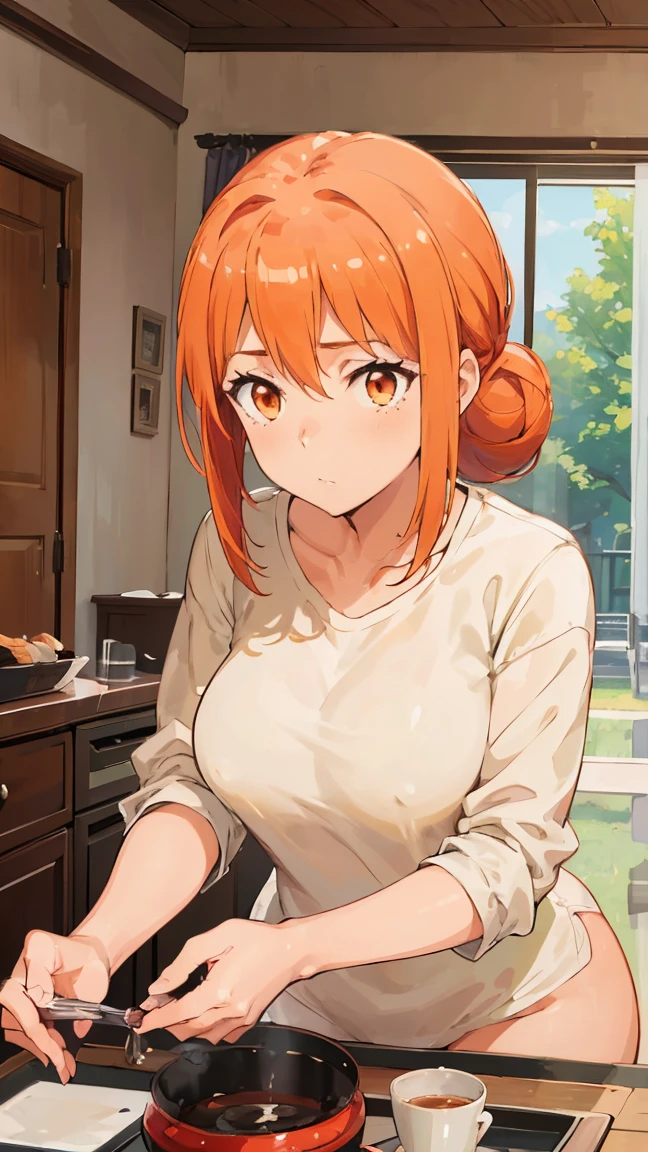(Highest quality, 8K, masterpiece :1.3),Mrs. Yuigahama,ガハMom, As I expected, my youth romantic comedy is wrong。, One woman,Bun Hair,30 years old,Mom,Orange Hair,nsfw,