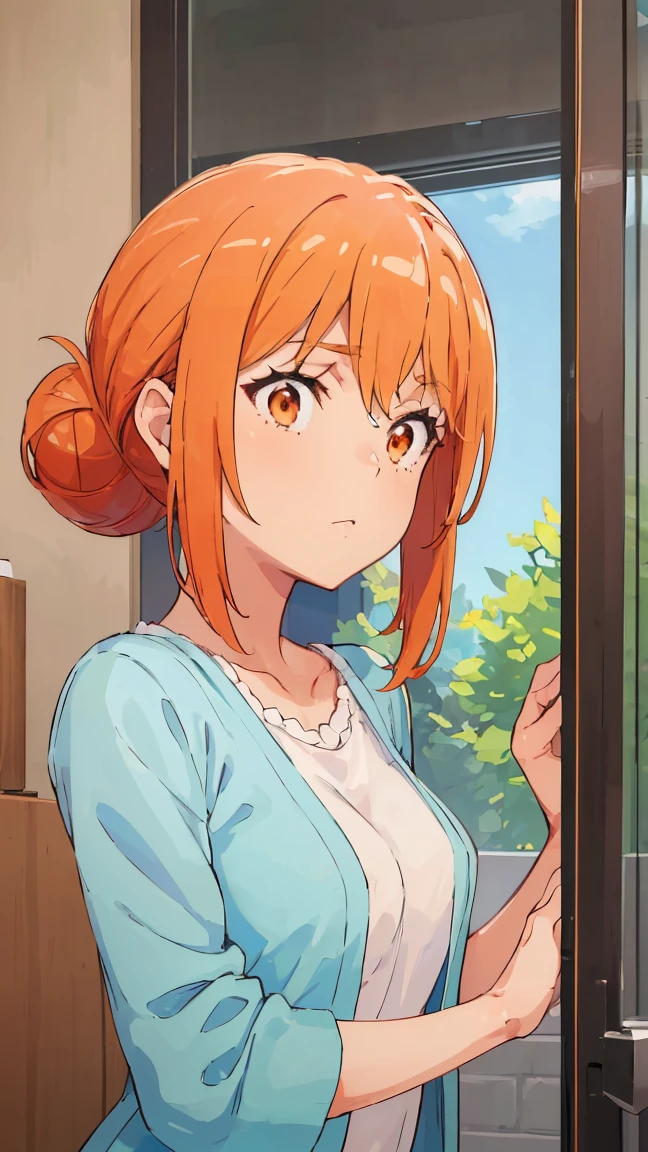 (Highest quality, 8K, masterpiece :1.3),Mrs. Yuigahama,ガハMom, As I expected, my youth romantic comedy is wrong。, One woman,Bun Hair,30 years old,Mom,Orange Hair,nsfw,