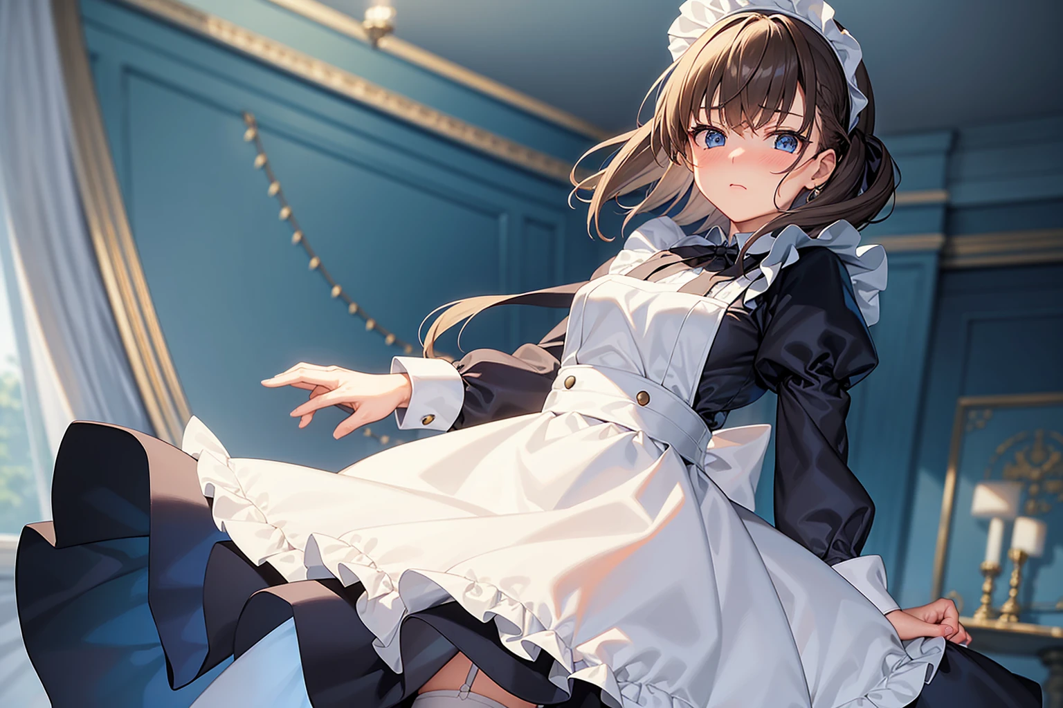 masterpiece, best quality,1girl, solo,whtie hair,medium hair,blue eyes,long sleeves,juliet sleeves,apron,maid,maid headdress,puffy sleeves,green dress,vest,buttons, white thighhighs,standing, looking at viewer, nose blush,