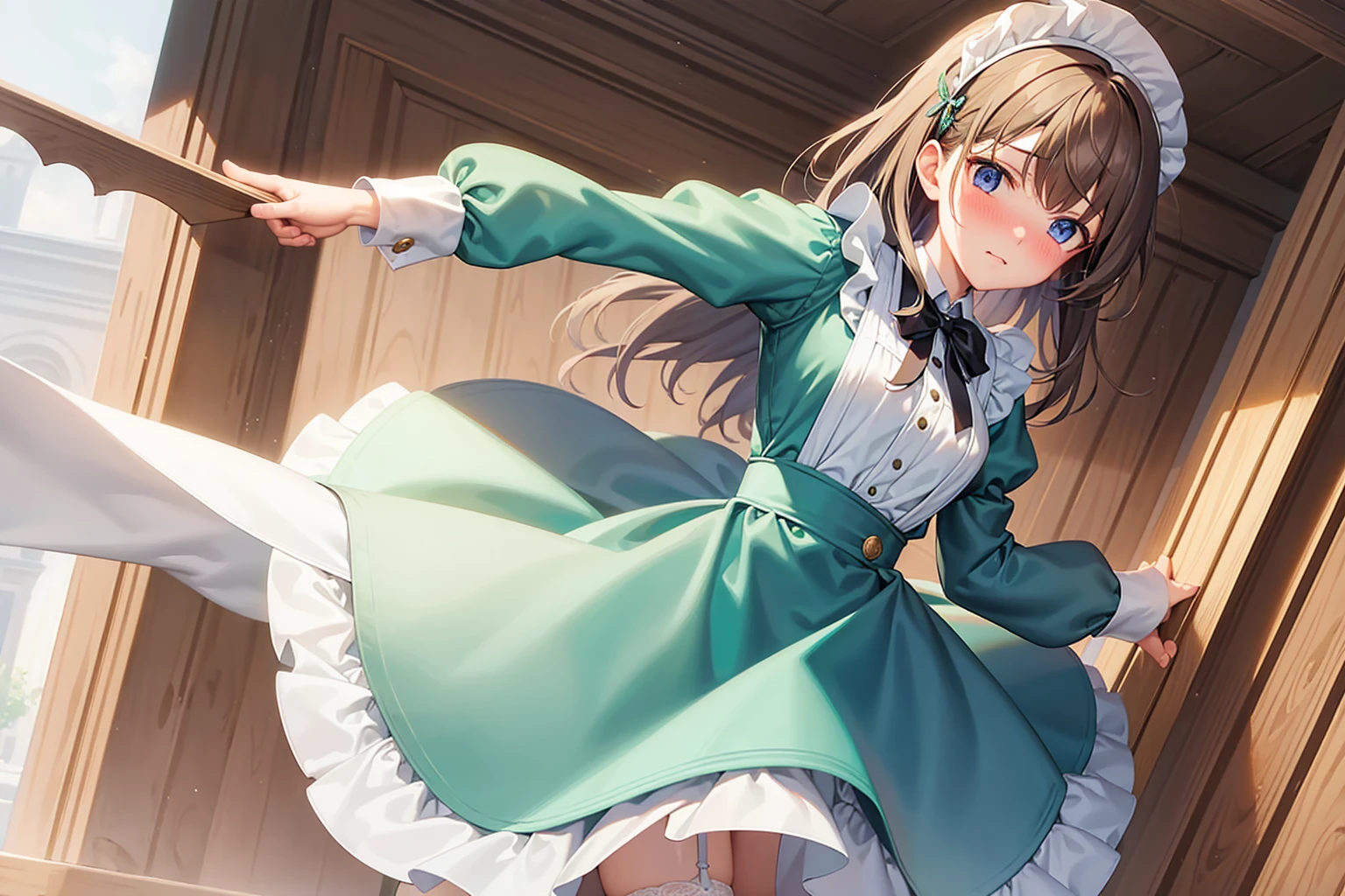 masterpiece, best quality,1girl, solo,whtie hair,medium hair,blue eyes,long sleeves,juliet sleeves,apron,maid,maid headdress,puffy sleeves,green dress,vest,buttons, white thighhighs,standing, looking at viewer, nose blush,