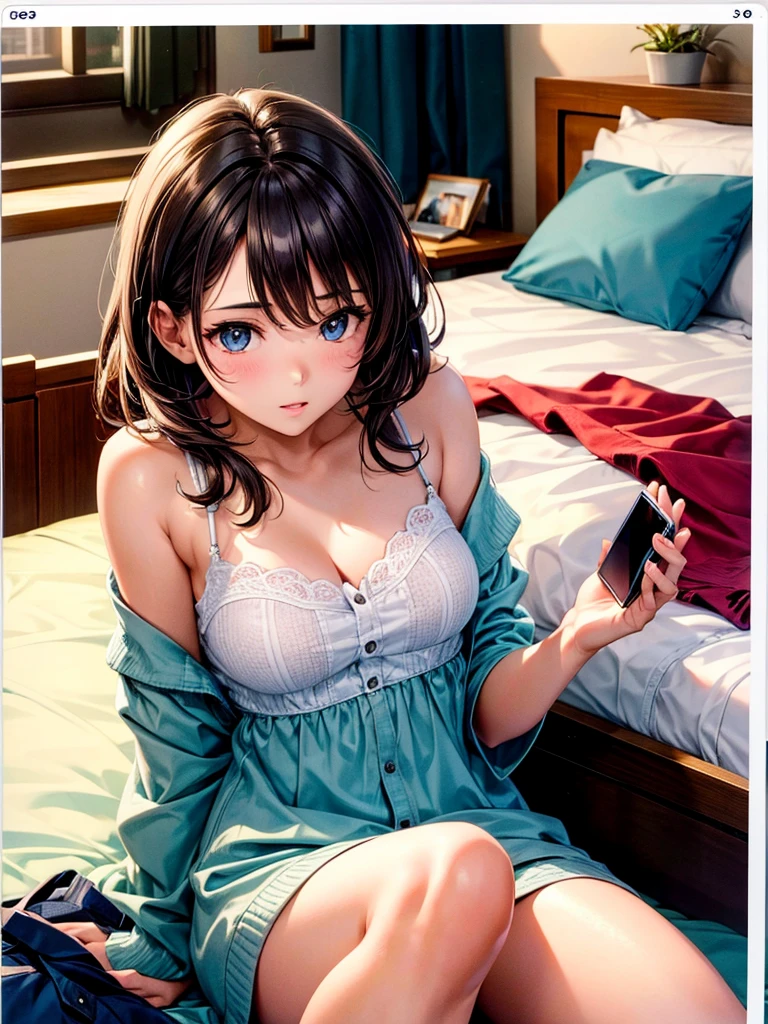 Highest quality,Highest Resolution,1Beautiful girl of the person,Get in bed and use your cell phone,sleep,