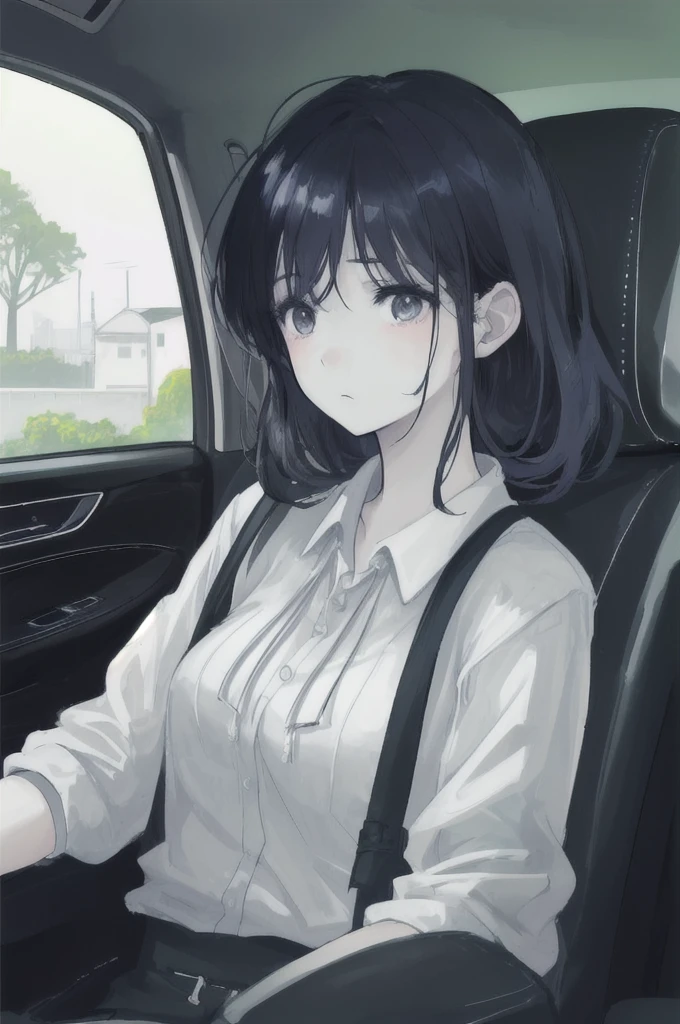 Beautiful woman in the car、Woman looking out the window、Sad look、It&#39;s raining outside the car、Water drops on the window、