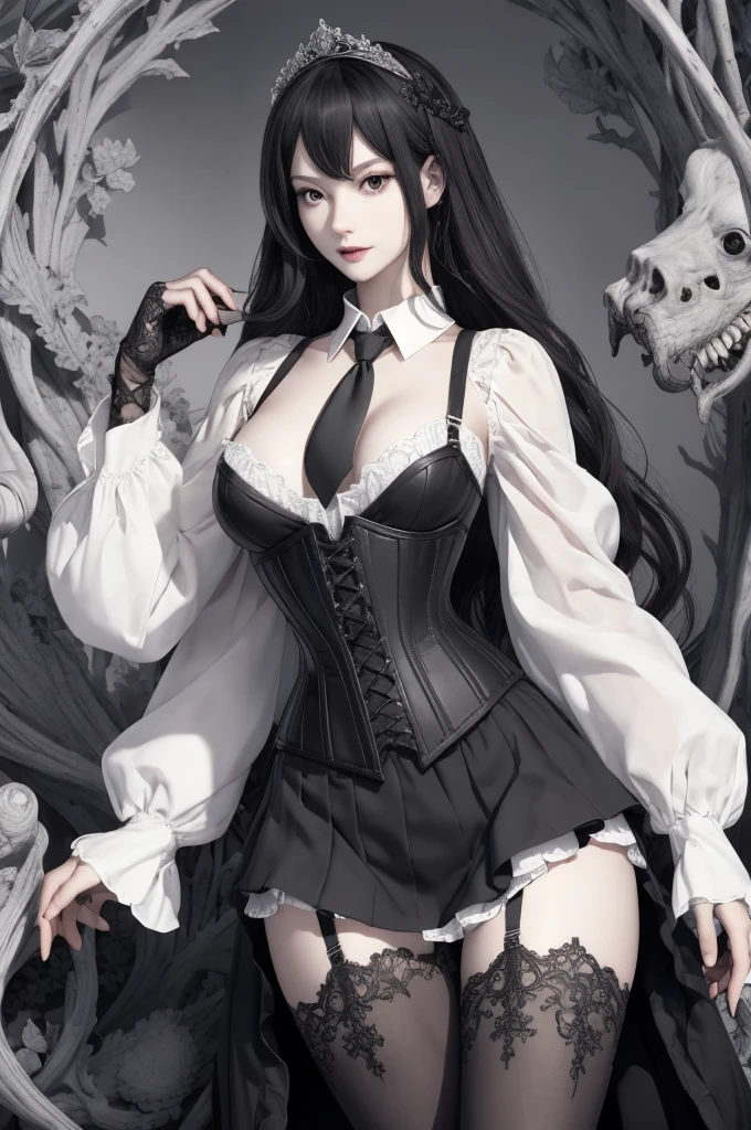 Nardack,RAW, (intricate detailed), 1girl, solo, pale skin, expressionless, (Black Corset Strap cotton Dress:1.1), white Long-Sleeve Layered Collar Plain Shirt + Neck Tie +Suspender A-Line Skirt, black pantyhose, hghheels, The strap is slimming the waist, (dark fantasy:1.2), (last boss:1.25), white horror theme, grandeur, ((marvelous illustration)), (detailed splash),انمي رجل على كرسي خلفه تنين