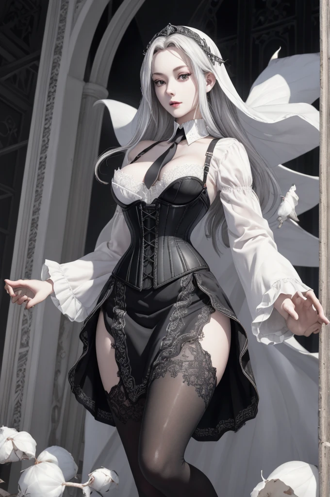 Nardack,RAW, (intricate detailed), 1girl, solo, pale skin, expressionless, (Black Corset Strap cotton Dress:1.1), white Long-Sleeve Layered Collar Plain Shirt + Neck Tie +Suspender A-Line Skirt, black pantyhose, hghheels, The strap is slimming the waist, (dark fantasy:1.2), (last boss:1.25), white horror theme, grandeur, ((marvelous illustration)), (detailed splash),انمي رجل على كرسي خلفه تنين