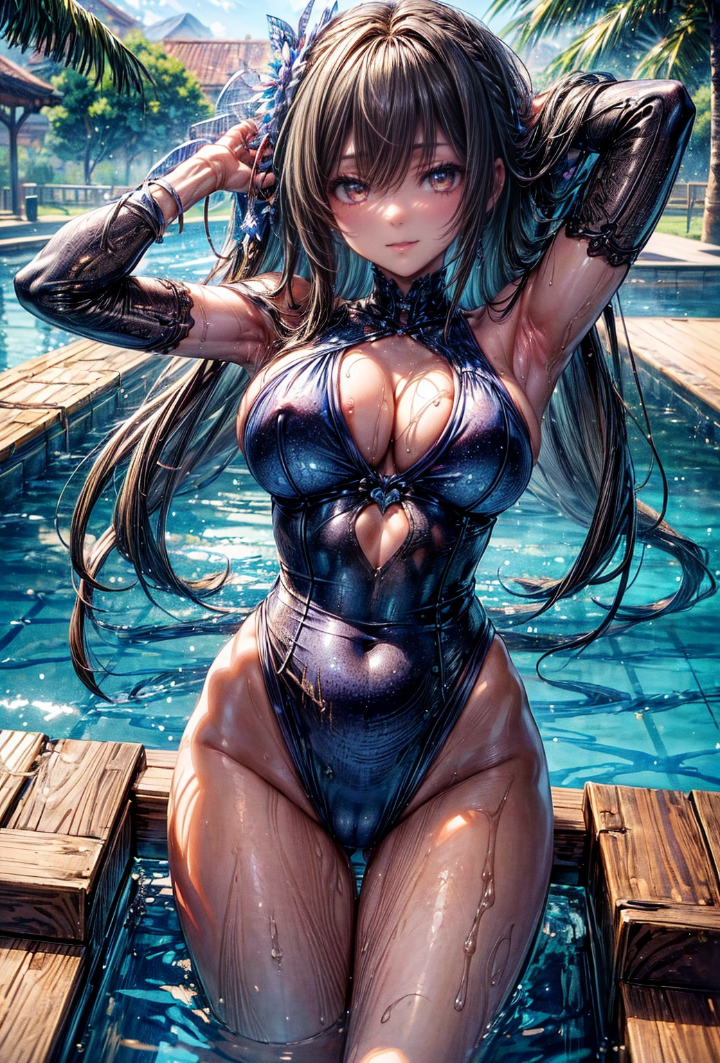 (masterpiece, Highest quality, Super detailed:1.3), Perfect composition, 4K, (Very detailed, Super detailed), A simple blue swimsuit、High resolution, 8k Texture, Attention to detail, Very detailed肌の質感, Magnificent details, High Sharpness, One girl, (Fine grain:1.3), Many layers of eyes、(25-year-old woman:1.3), (skinny), (Big Breasts), Outdoor swimming pool side,((Lively composition))、smile、A pleasant looking face、Toned body、Shot from the back、turn around、Nipple swelling、Wet Skin、Stretching exercise with both arms extended、Beautiful feet、