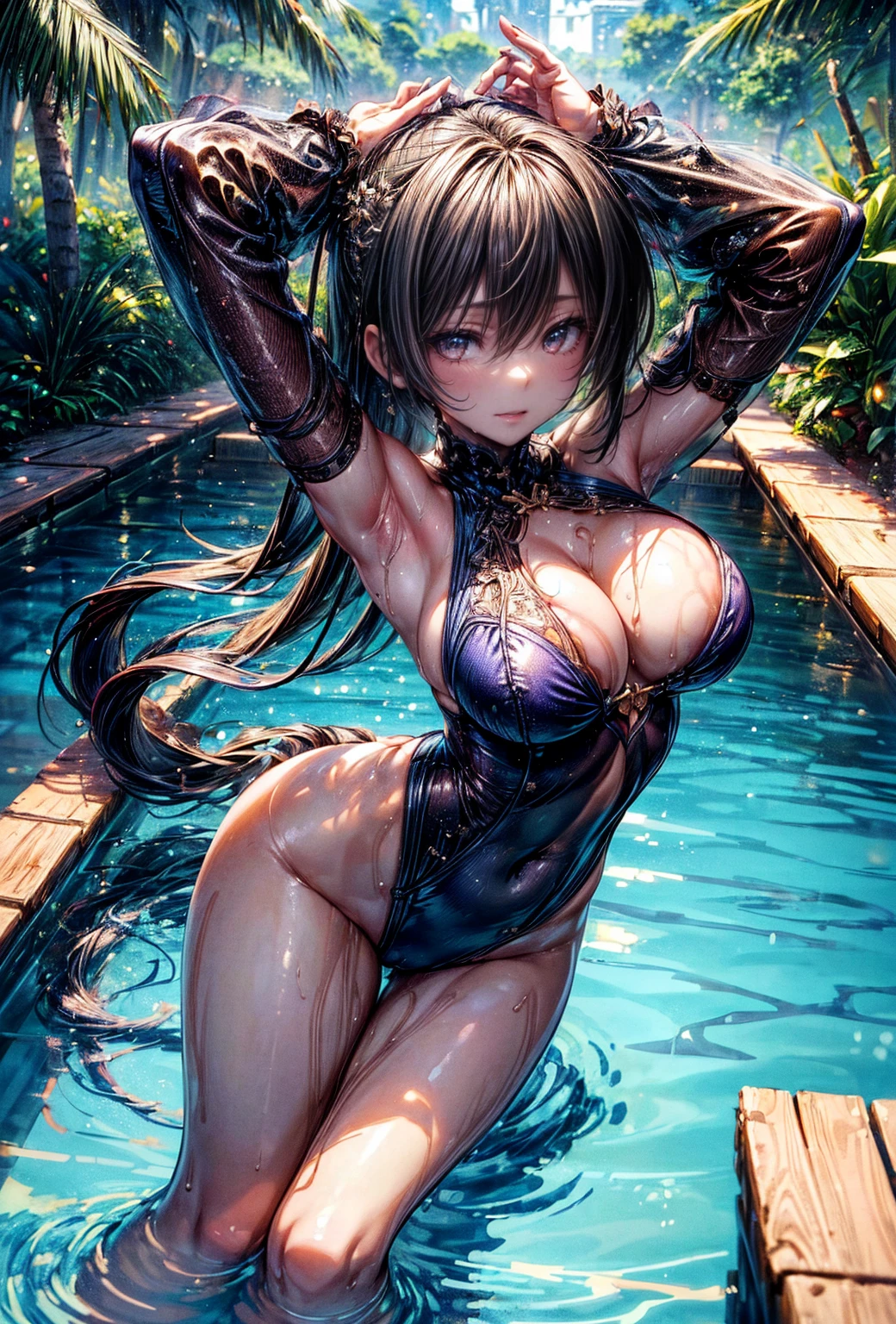 (masterpiece, Highest quality, Super detailed:1.3), Perfect composition, 4K, (Very detailed, Super detailed), A simple blue swimsuit、High resolution, 8k Texture, Attention to detail, Very detailed肌の質感, Magnificent details, High Sharpness, One girl, (Fine grain:1.3), Many layers of eyes、(25-year-old woman:1.3), (skinny), (), Outdoor swimming pool side,((Lively composition))、smile、A pleasant looking face、Toned body、Shot from the back、turn around、Nipple swelet Skin、Stretching exercise with both arms extended、Beautiful feet、