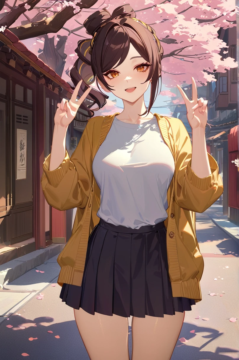 masterpiece, best quality, perfect features, intricate details, ray tracing, newest,(hitenkei, askzy:0.4), 1girl, chiori \(genshin impact\), solo, , white shirt, sweater, pleated skirt, light smile, double v, looking at viewer, smile, open mouth, outdoors, street, cherry blossoms, petals, depth of field  