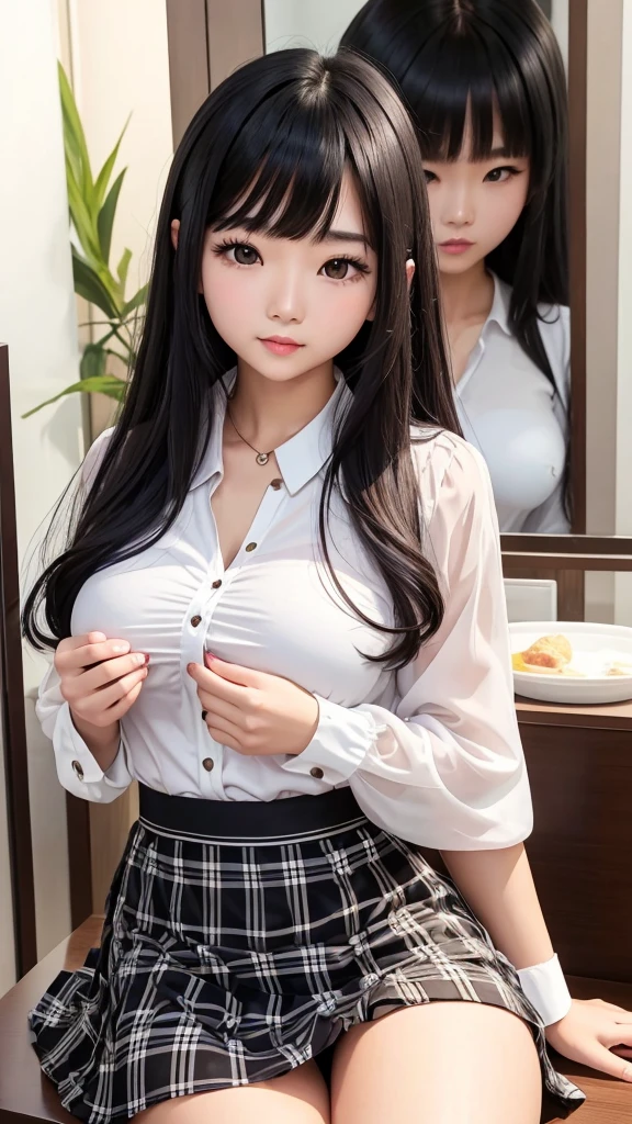 Detailed face、highlight、Asian Girl、thigh、Tabletop、breast enhancement、Bodyline、Black Hair、Heavy bangs、Checkered Skirt、White blouse、Support your chest with your hands、