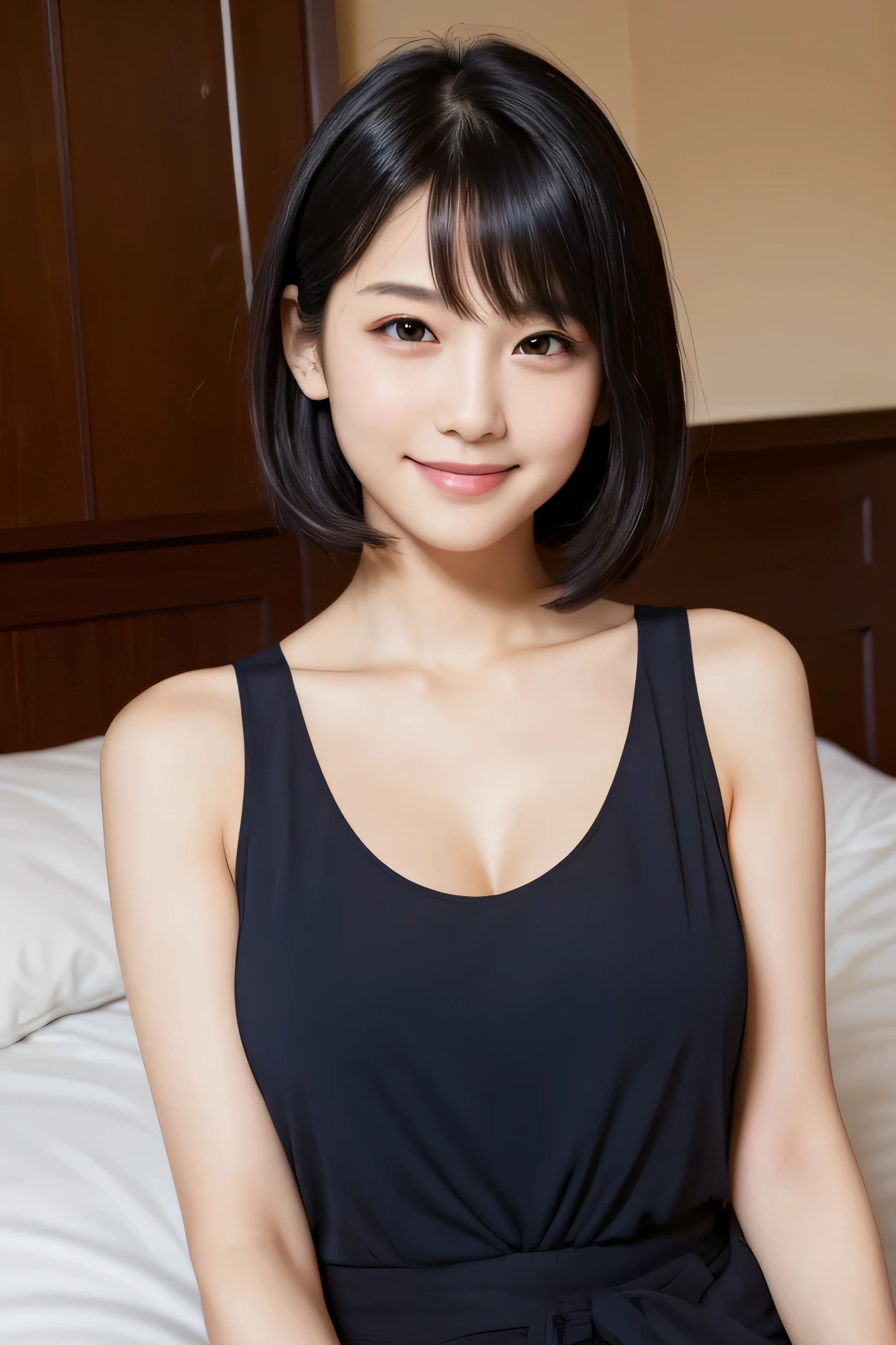 Bed,Sit down,Naivety,Black Hair,Very Short Hair,Navy blue tank top,A big smile,,Japanese,single eyelid,Sharp face,Slender figure,A small cleavage on the chest,Honey,Look here,transparent, (masterpiece, Highest quality), Structure of the film, Like a movie