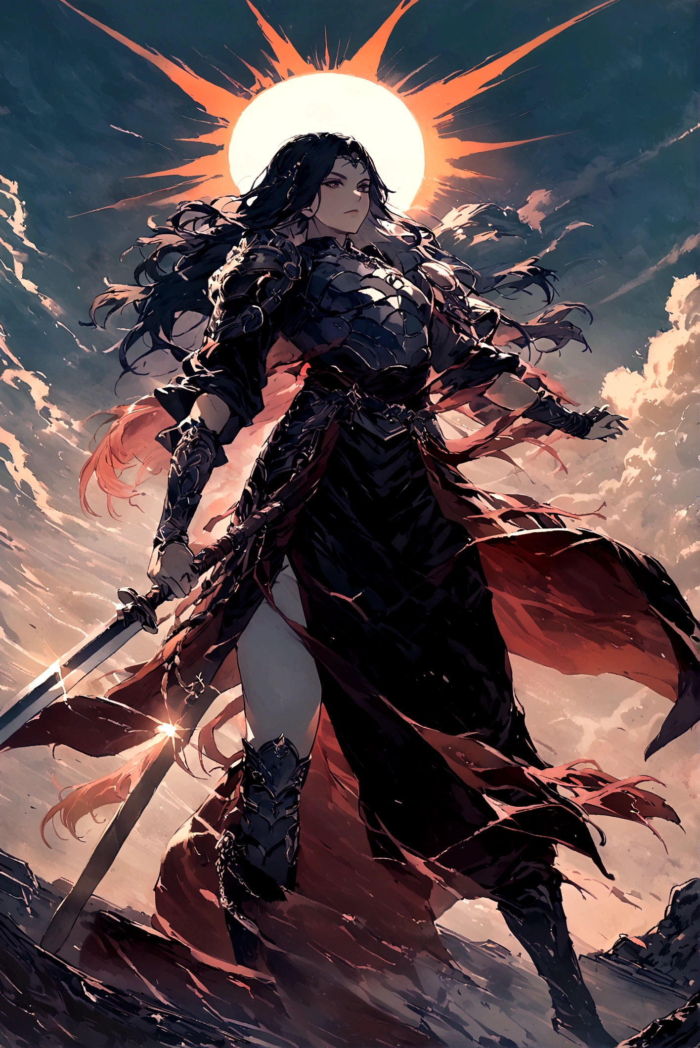 The god of the sun and darkness (posing holding a sword covered in an aura of darkness and the sun with long hair 